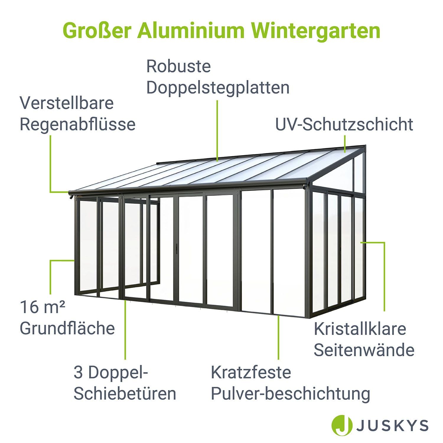 Juskys Jardin d'hiver de 15 m² - parois cristallines, Portes coulissantes Doubles et Protection UV - abri étanche et résistant à l'hiver en Aluminium - Gris