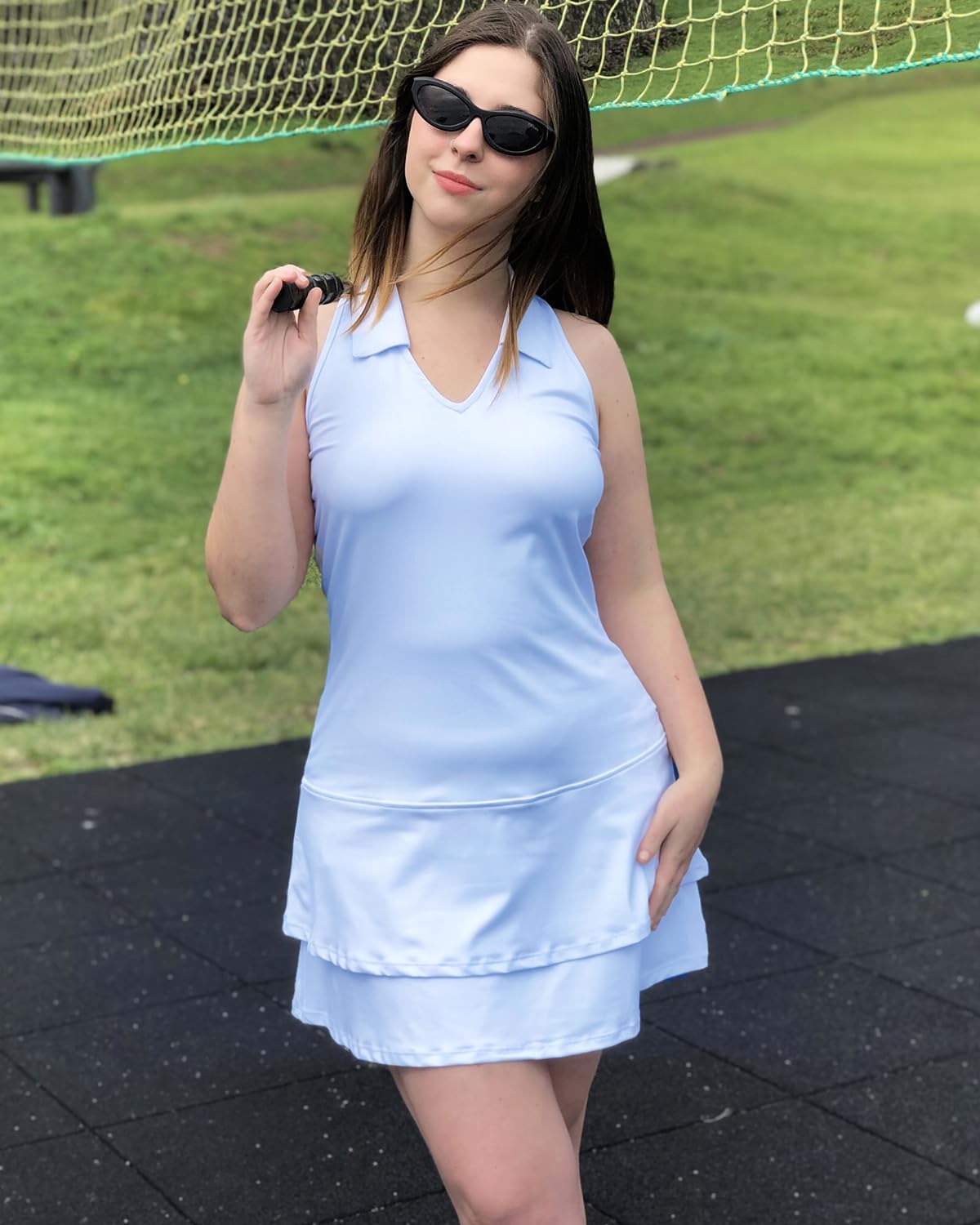 Soneven Damen Tenniskleid mit Hose Ärmellos 1/4 Zip Tennis Kleidung Set Sportkleider Sommerkleid Golfkleid Für Sport Tennis Baseball