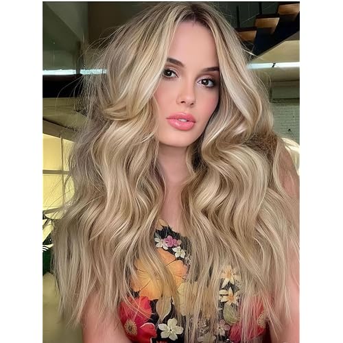MACA BAKA Ombre Highlight Brown Blonde Long Wavy Synthetic Lace Front Wig