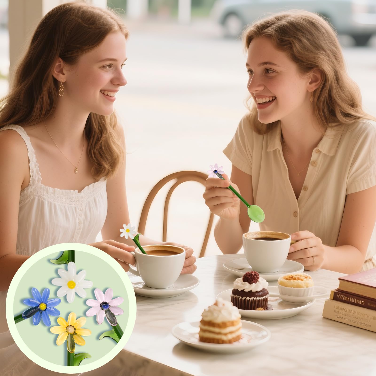 Glaslöffel mit Blumenmuster, 15 cm, bunt, transparent, langer Griff, Kaffee-Rührlöffel, Cocktail-Rührlöffel für Zuhause, Bar und Partyveranstaltungen, 4 Stück
