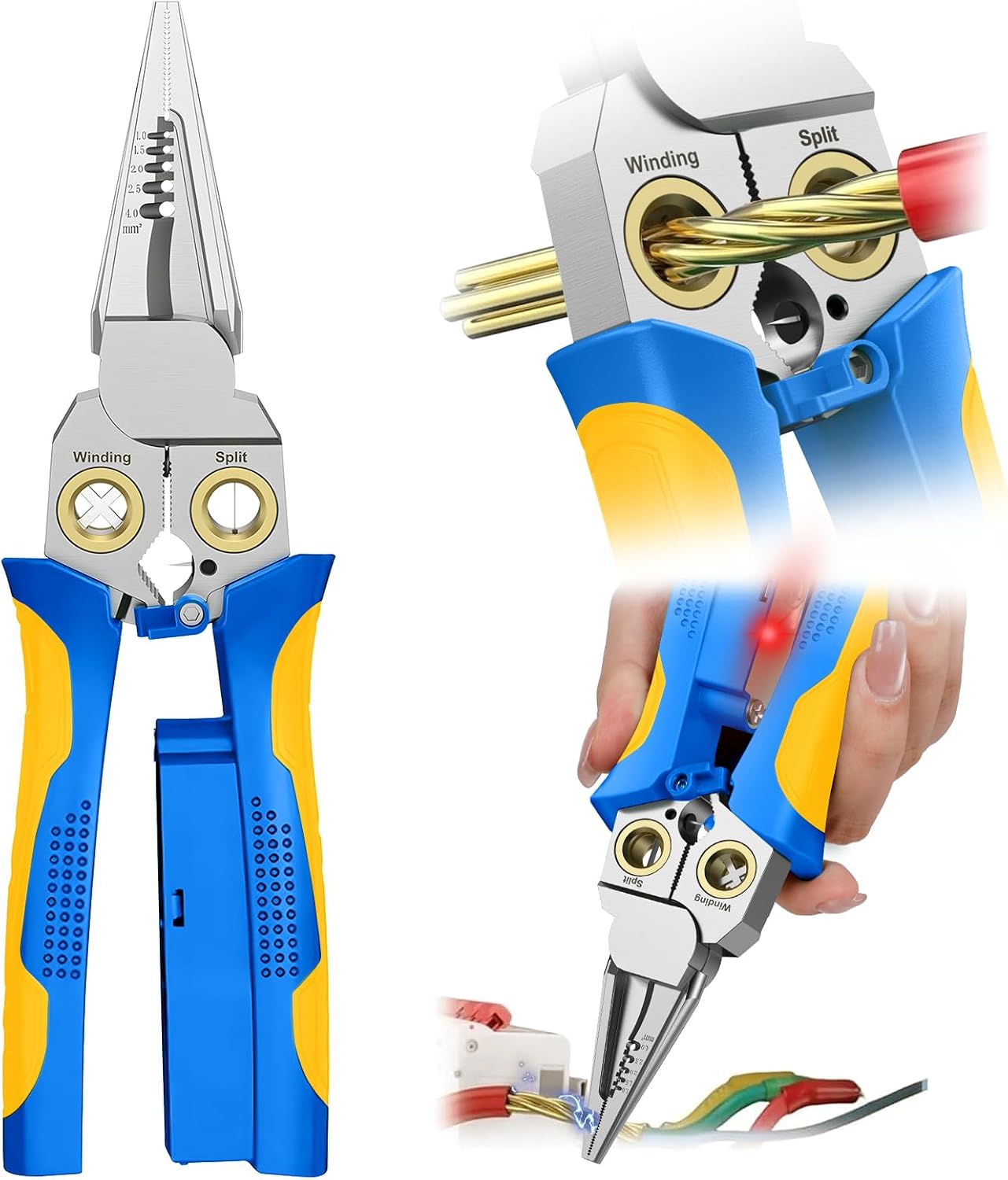 GADO Pro 8-in-1 Wire Stripper/Cutter with Voltage Tester & Dual Alarms - Heavy Duty 12-250V AC/DC Electrical Tester for Hot/Neutral Wires - Electrician, HVAC, Car Repair Tool (Blue-1)