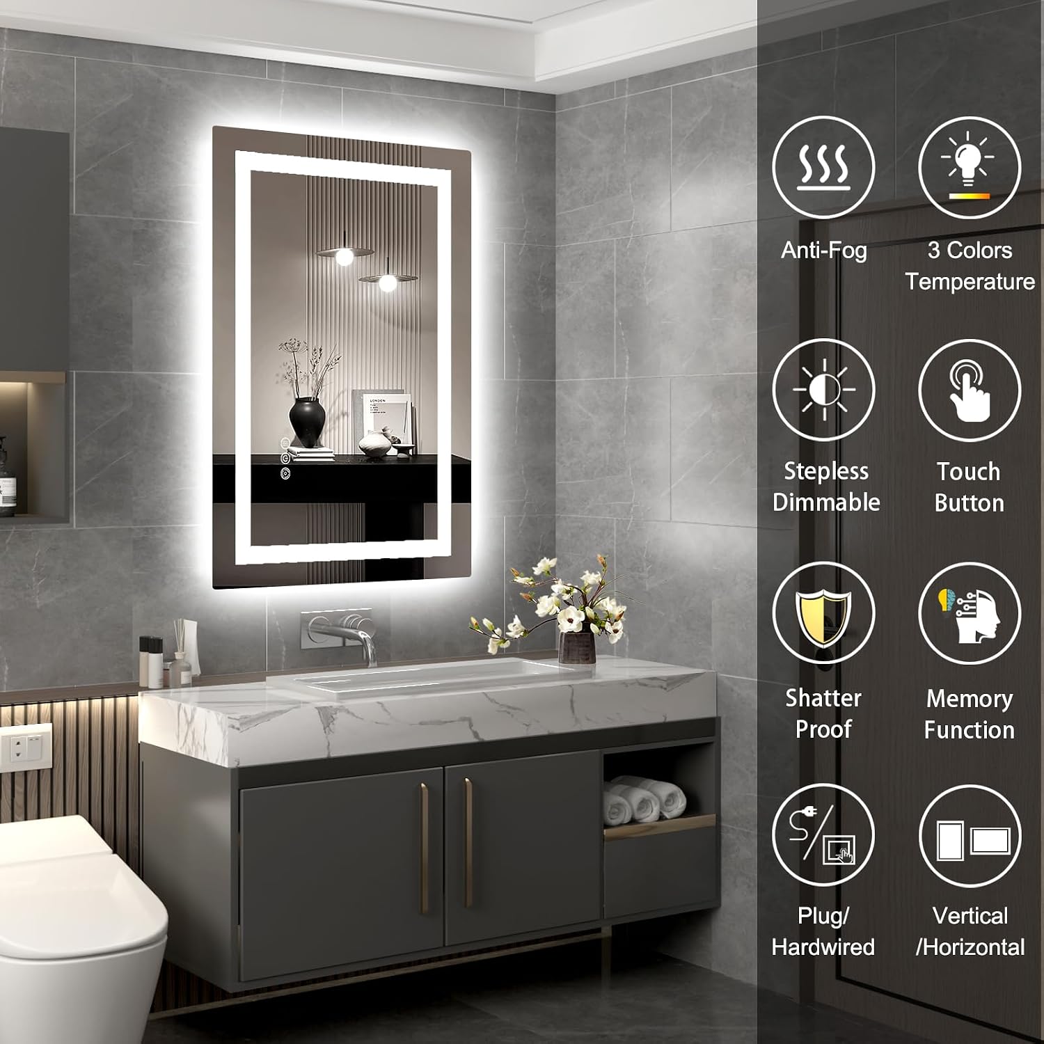 LED Mirror for Bathroom 24x36 Lighted Bathroom Vanity Mirrors with Lights, Brighter Frontlit and Backlit Anti-Fog Mirror, Tempered Glass, Dimmable 3 Colors Light Modes, Memory Function