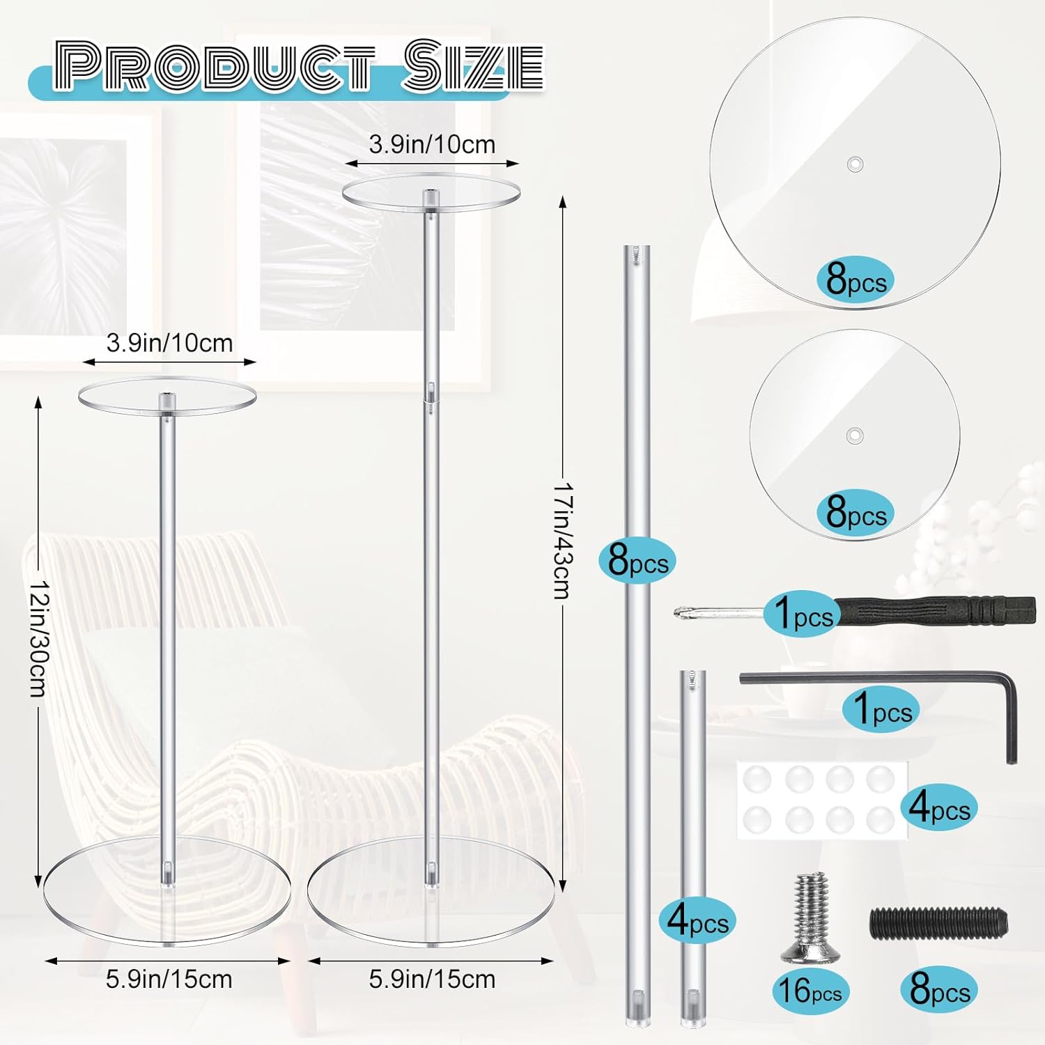 Geetery 8 Pcs Acrylic Hat Stand 12" to 17" Adjustable Clear Wig Display Rack Height Table Hat Holder Pedestal With Round Barbell Base Organizer Acrylic Risers