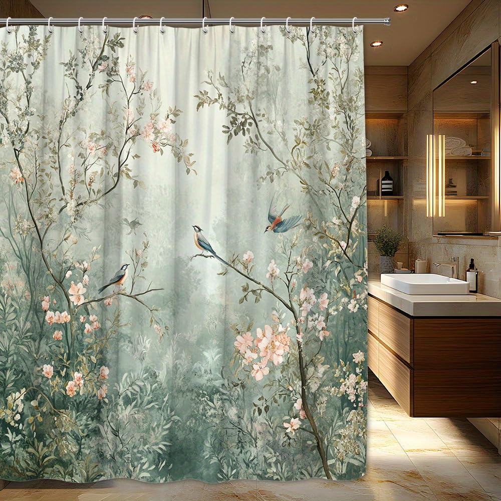 GLWDMB 1 Piece 90x180CM Serene Forest Scene With Pink Blossoms And Songbirds Pattern Printed Shower Curtain With Hook, Polyester Fabric, For Windows And Walls, Bathtub, Bathroom, All Season Universal