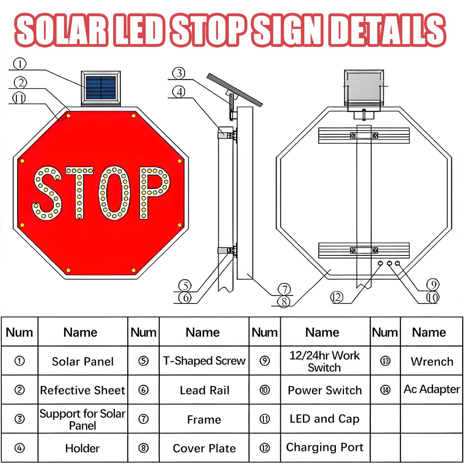 Señal De Stop Solar De 24 Led | Encendido Y Apagado Automático, Batería De 5 Días | Mayor Visibilidad En Niebla Y Lluvia – Señales De Tráfico Solares De Aluminio 60cm/23.6in
