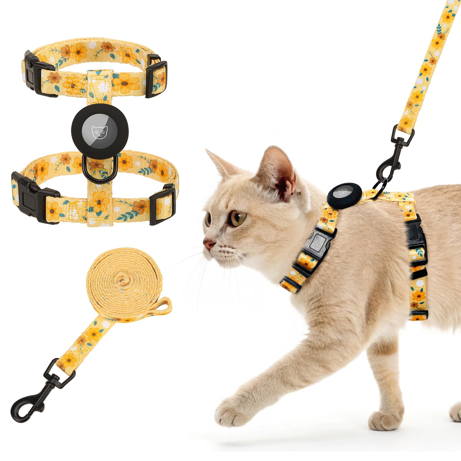 Harnais chat pour voyage et promenade extérieure avec attache AirTag floral