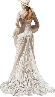 Women Beach Lace Wedding Dress V Neck Long Bell Sleeves Low Back Tassele...