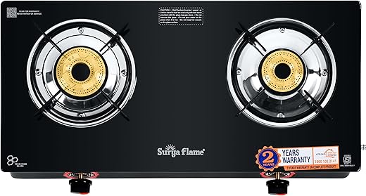 Surya Flame LPG Gas Stove 2 Burners Glass Top with High Powered Brass Burner, Premium Toughened Glass & Powder Coated Body for Modular Kitchen, ISI…