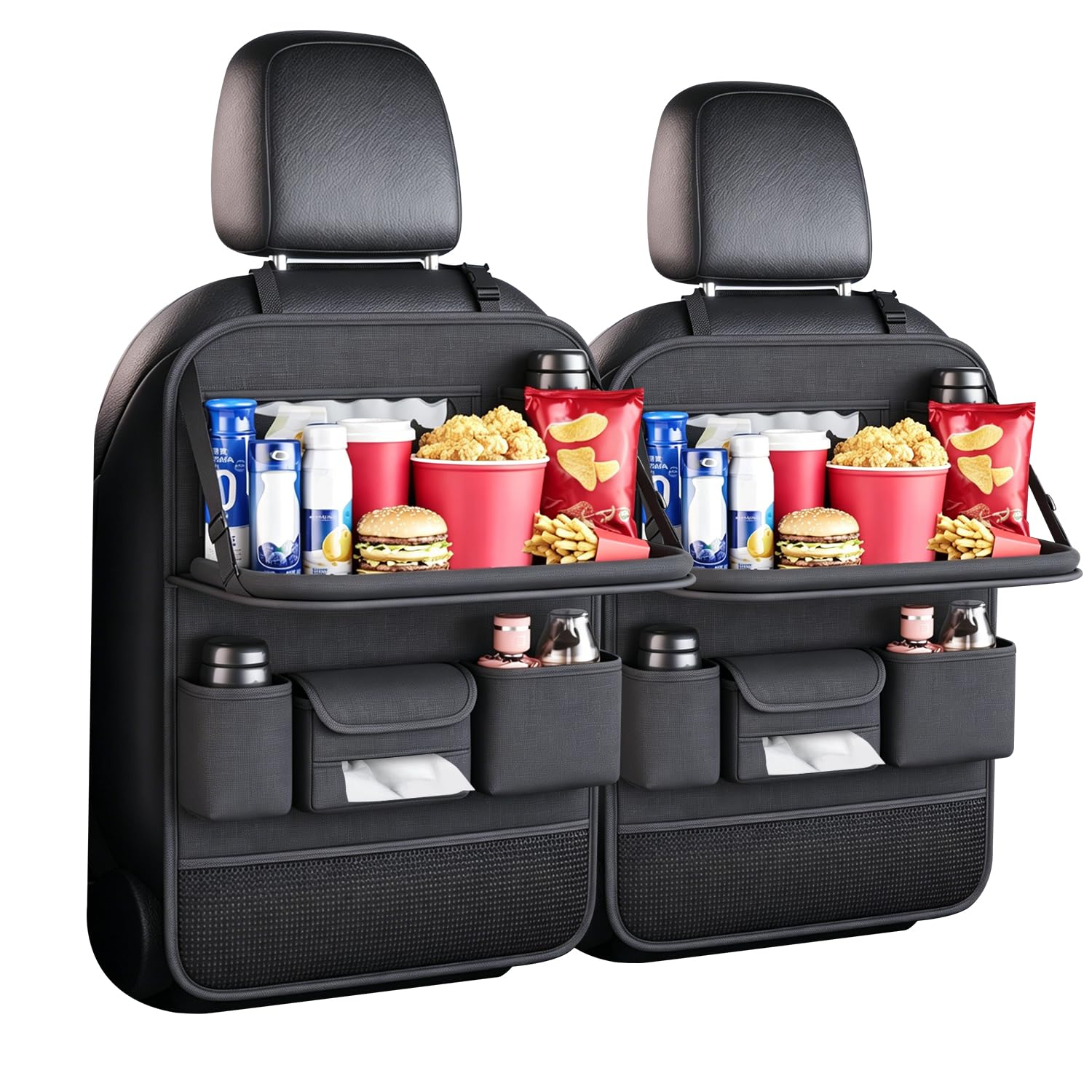 Organizzatore Sedile Auto con Tavolino Pieghevole e Porta Fazzoletti, Premium Protezione Sedile Auto Bambini, Impermeabile Organizer Auto Bambini per Tablet, Nero (2)