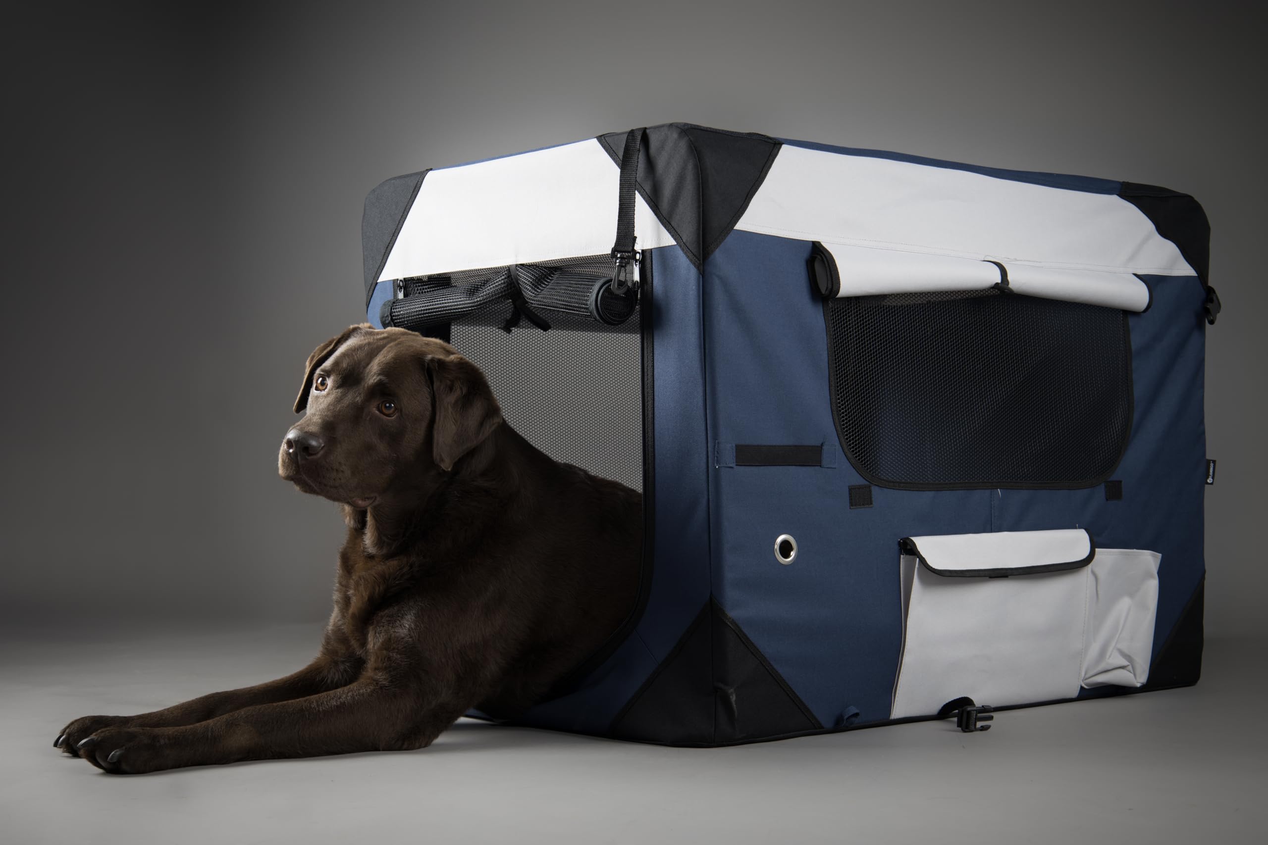 Flamingo Cage de Transport - Premium qualité Chien - Geronimo Bleu 42x60x42cm - Cadre renforcé et Pliable - Lavable - Fond Amovible - Rideaux enroulables,possibilité pour Attacher Une Gourde