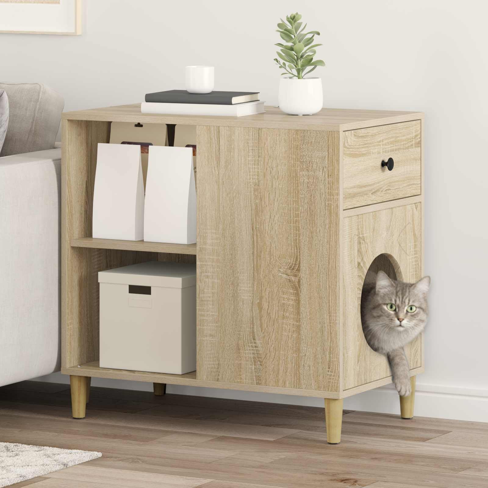 Katzenhaus Sonoma aus Holzwerkstoff 72 x 42,5 x 70 cm Robustes Katzenmöbel mit Kratzbaum, Kletterbaum, Kratztonne, Kratzbrett, Sisal für Wohnzimmer, Innenbereich, komfortable Liegefläche