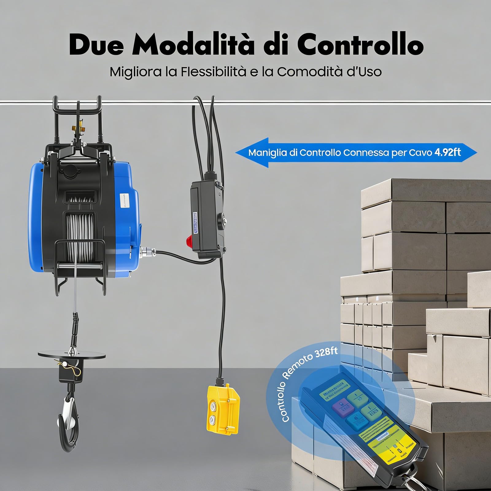 Verricello elettrico mobile, 230 V, 250 kg, portata 19 m/min, telecomando senza fili (100 m), con batteria, manico di controllo del cavo, 1500 W, 29 m, altezza di sollevamento 30 m, fune metallica