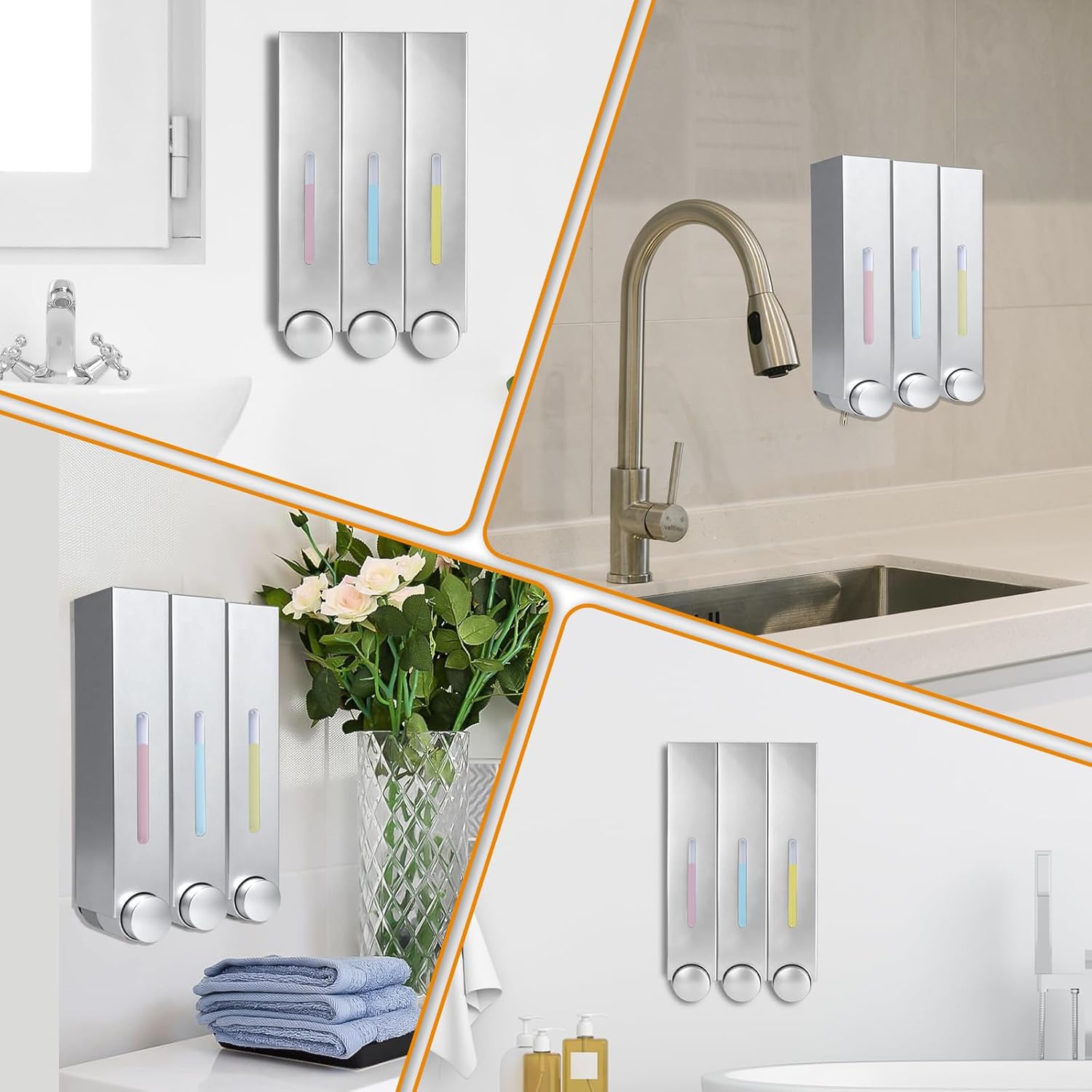 Shower Soap Dispenser,3-Chamber 420ml Wall-Mounted Shower Shampoo Conditioner Dispenser and Organizer for Bathroom Kitchen Hotel,Distributor with Non-drilled Installation (Silver)