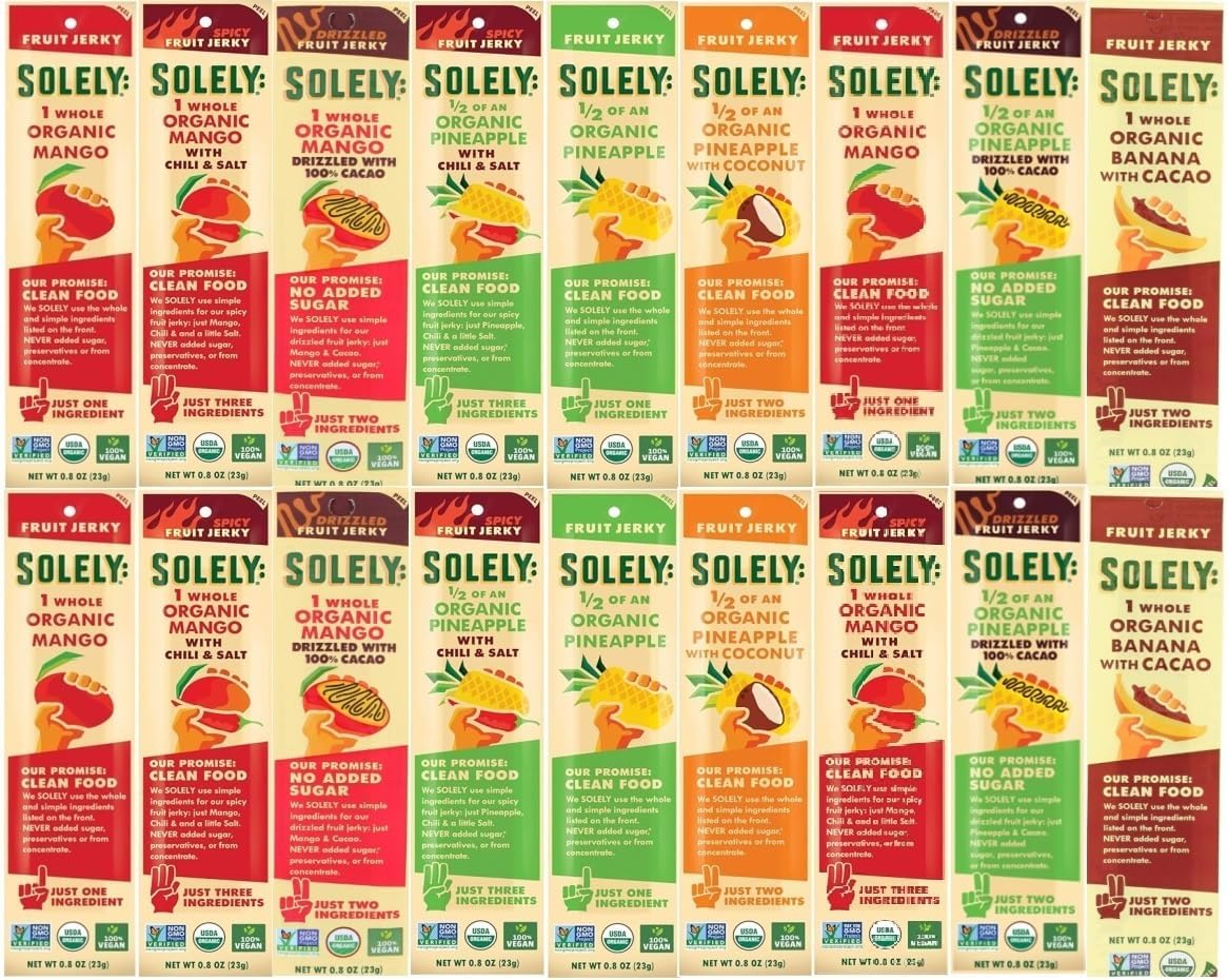 SOLELY Organic Fruit Jerky Variety Pack, 3 Mango Flavors, 4 Pineapple Flavors, 1 Banana Flavor, Total 18 Strips, LIVEBEAR Assortment.