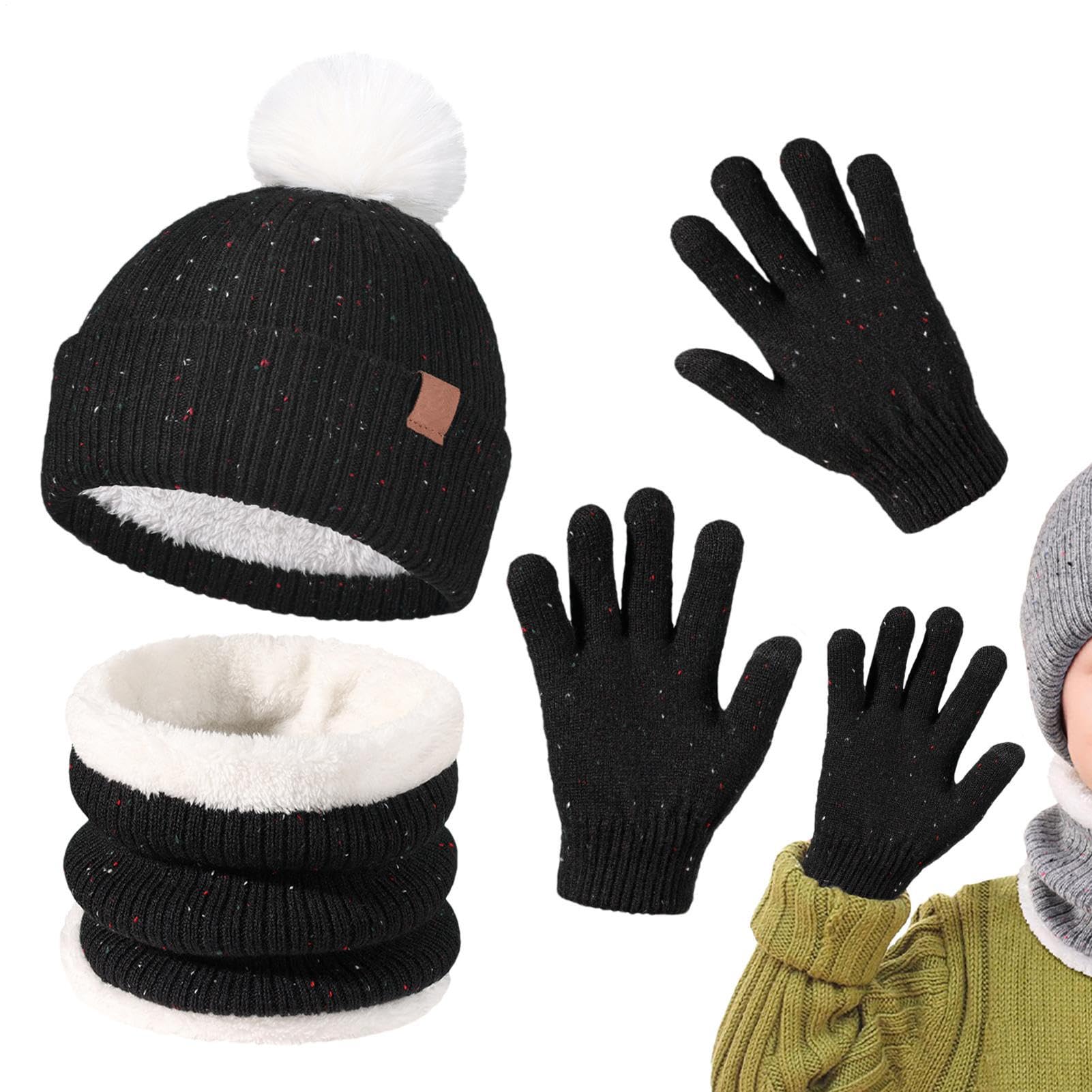 Set invernale con cappello e sciarpa e guanti per bambini, con cappello lavorato a maglia, morbido, confortevole, per il freddo, per passeggiate, pattinaggio, ciclismo, escursionismo, avventure