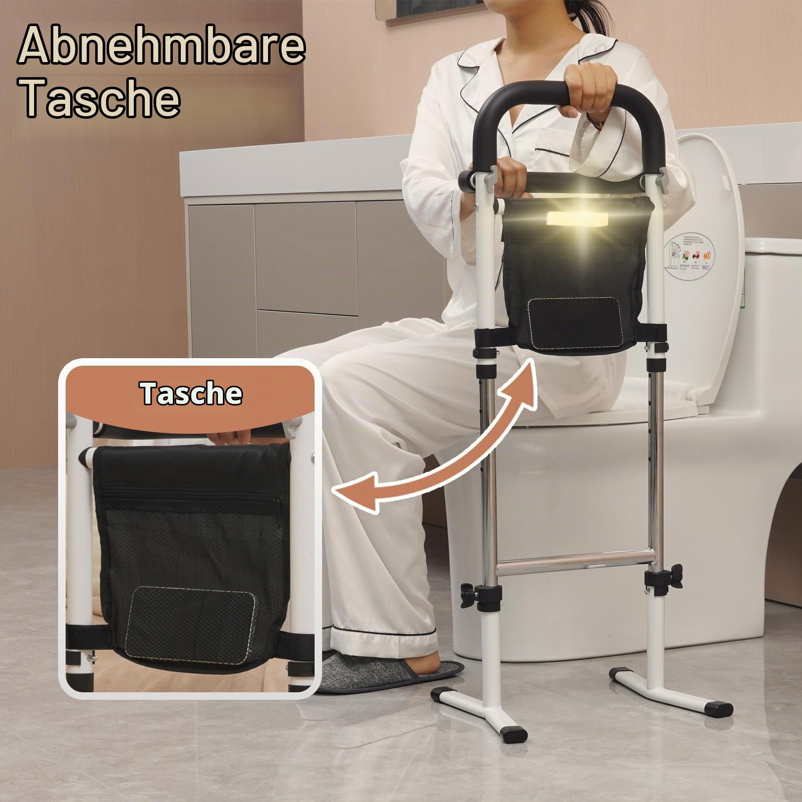 Aufstehhilfe Bett/Sofa/Toilette, Gehhilfe für Senioren, 5-Fach Höhenverstellbar, Stehhilfe mit Tasche und Sensorlicht, Max Tragfähigkeit 150 kg