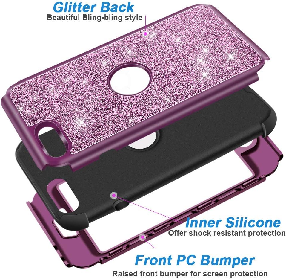 Hython Compatible with iPhone SE 2020 Case, Heavy Duty Full-Body Defender Protective Case Bling Glitter Sparkle Hard Shell Armor Hybrid Shockproof Rubber Bumper Cover for iPhone SE 2nd 4.7", Purple