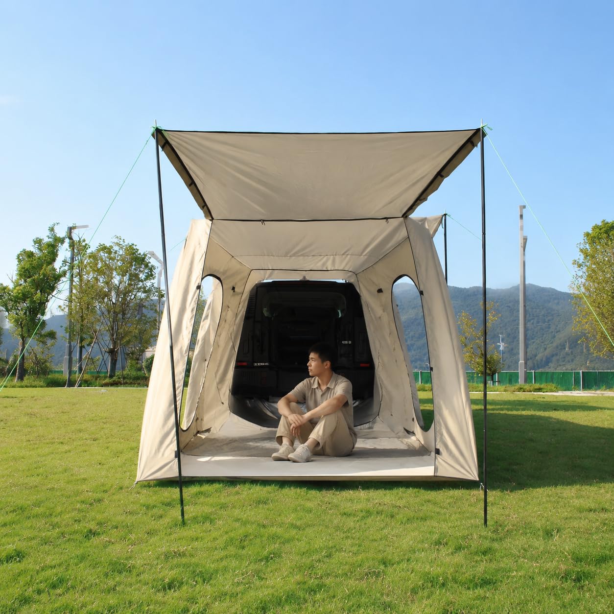 Baoblaze Tenda per Veicoli Estensione da Campeggio Riparo Metallici Inclusi Corda di Tensione Resistente Tenda da Viaggio per Escursioni Adatta a Utilizzo Turistico Campeggi, Cachi, Beige