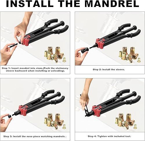 Miniatura 12 de WETOLS Kit de herramientas de tuerca de remache, herramienta de tuerca remachadora de 14 pulgadas con 7 mandriles métricos y SAE, remachadora manual