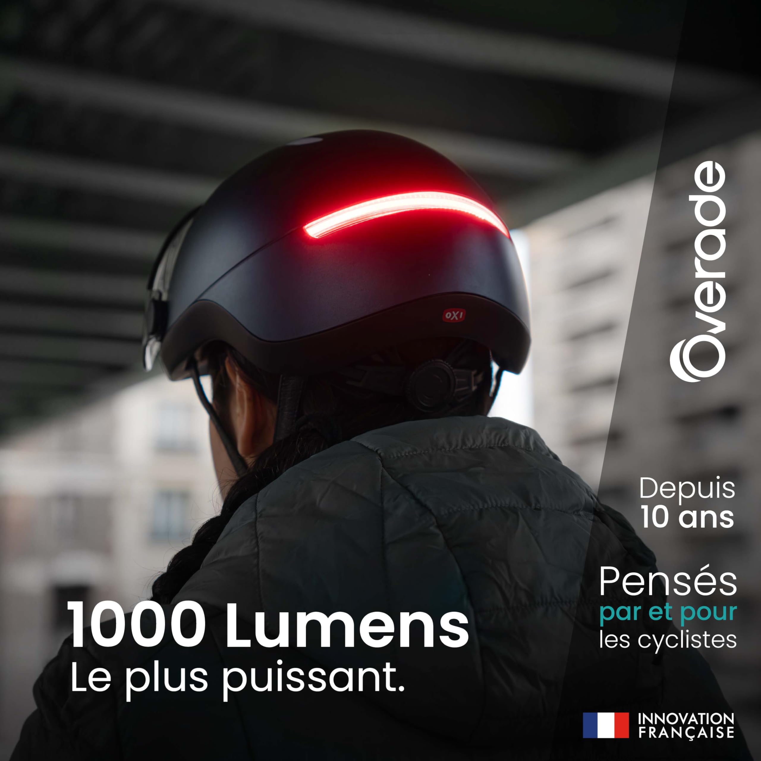 Overade Innovation Française - Casque Life avec Visière, avec Éclairage Puissant Avant/arrière, Télécommande Clignotants Oximote Incluse, Fonction Feu Stop Inclus, Taille Unique.