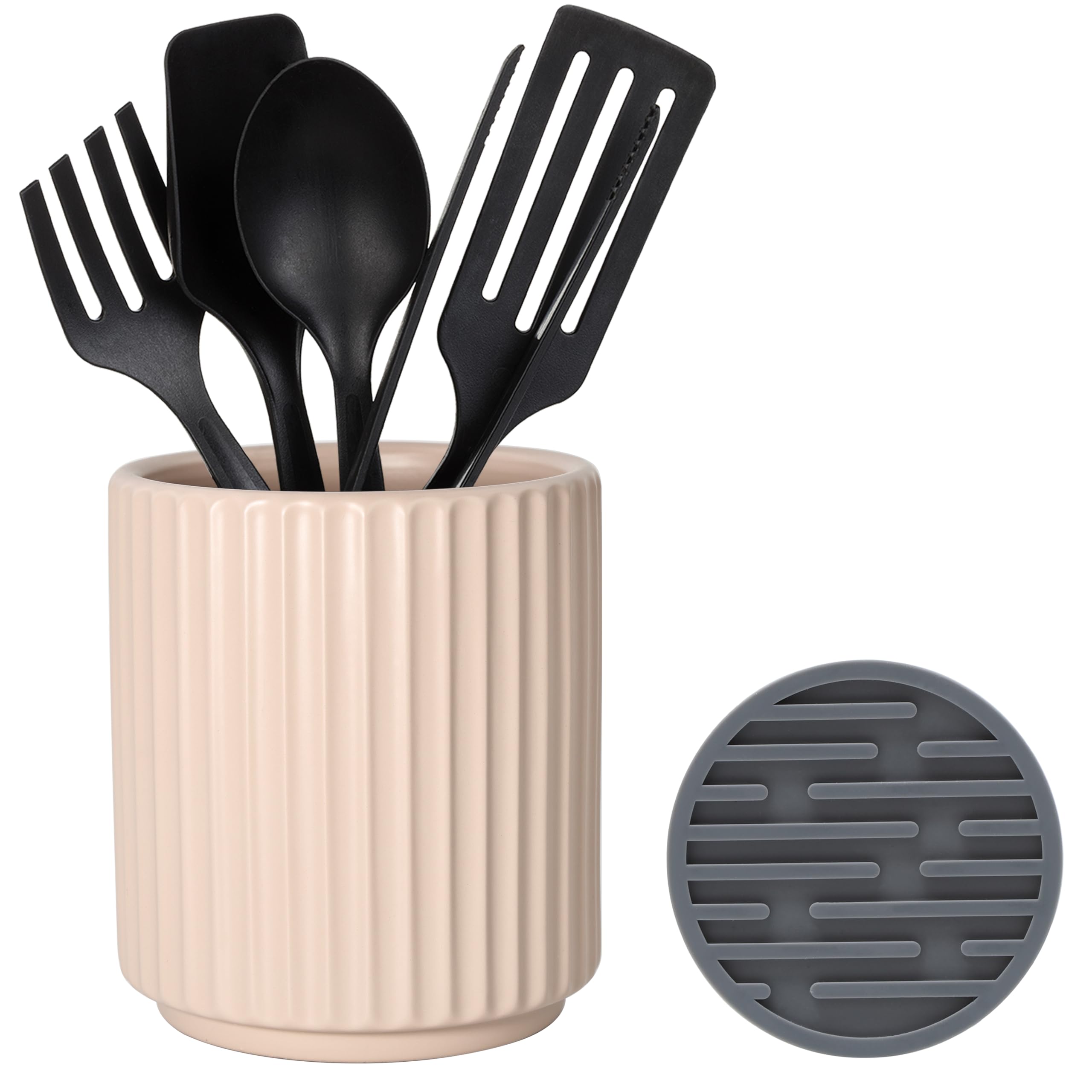 Muiltvoe Small Utensil Holder for Kitchen Counter (H5.51” x W4.92”) Ceramic Countertop Utensil Holder for Kitchen Utensils Crock for Countertop Includes Silicone Drying Mat Green