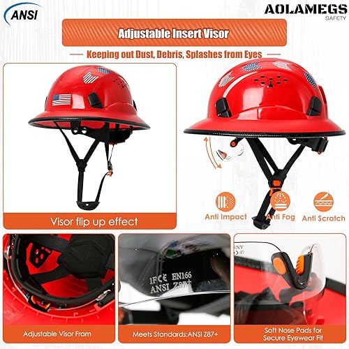 Miniatura 3 de Cascos De Construccion - Casco de ala completa con visera transparente aprobado por la OSHA y correa para la barbilla, casco de seguridad ajustable