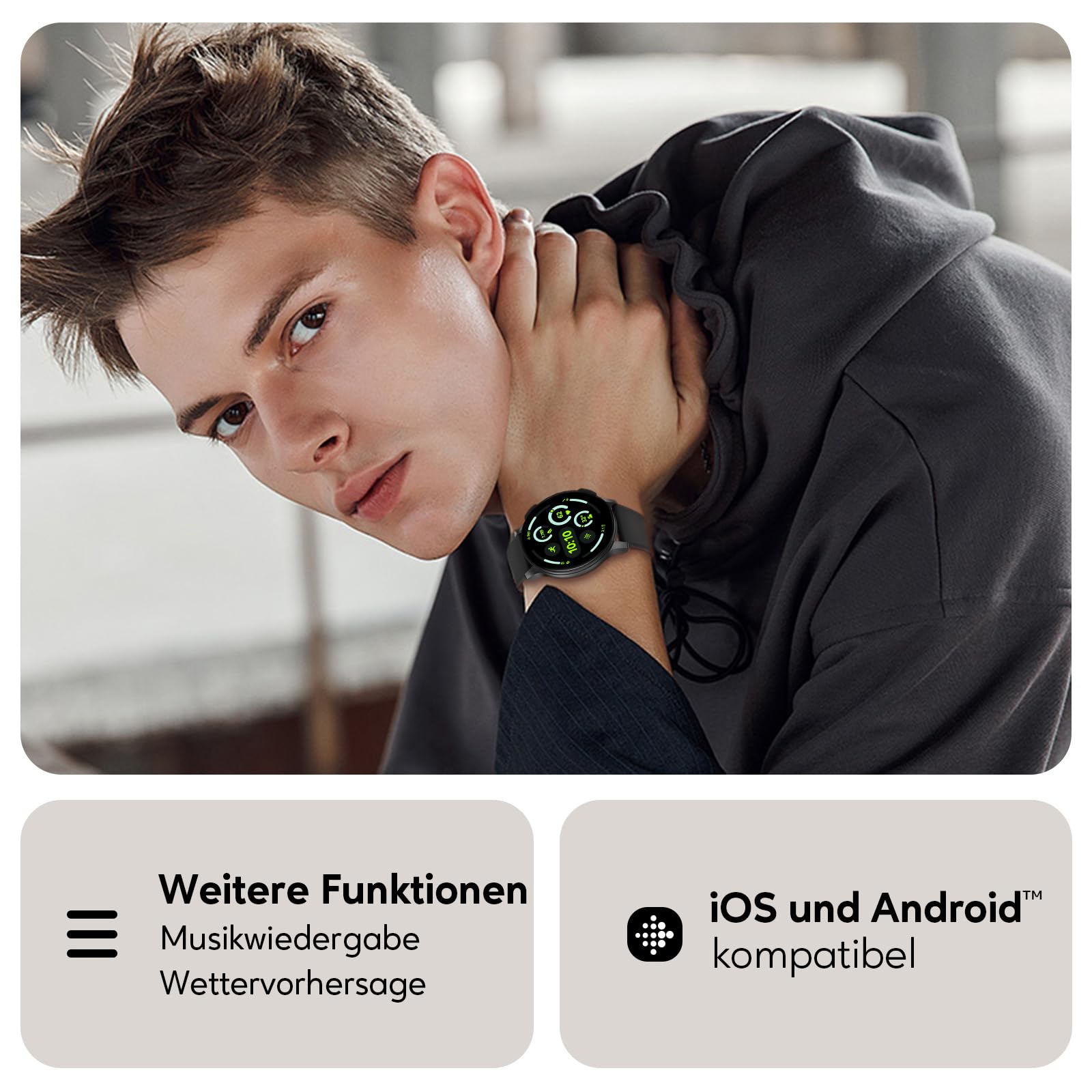 AcclaFit Smartwatch Damen Herren, 1.38 Zoll HD-Display Smart Watch mit Bluetooth Anrufe, Fitness Tracker mit Herzfrequenz SpO2 Schlafmonitor Schrittzähler, IP68 Wasserdicht Fitnessuhr für iOS Black
