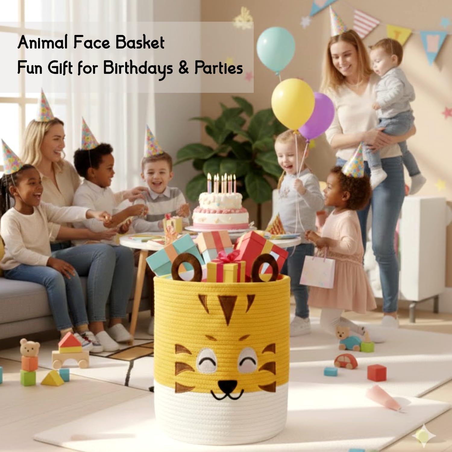 Collapsible Kids Laundry Basket & Toy Storage Organizer | Large Tiger Woven Cotton Rope Bin for Stuffed Plushies | Cute Animal Design Hamper with Cutout Handles for Nursery, Playroom & Living (Tiger)