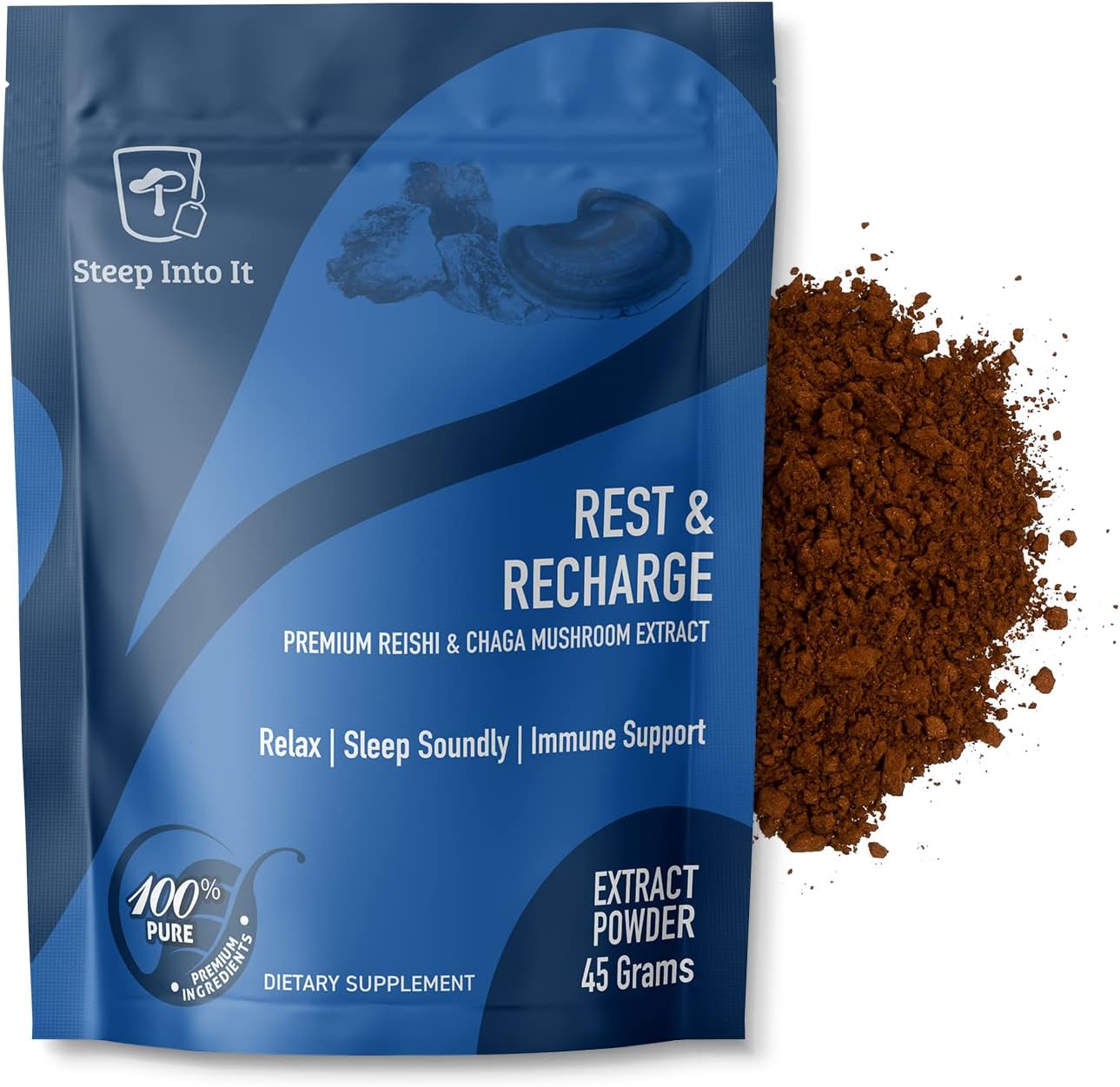 Organic Reishi and Chaga Mushroom Powder Supplement – Reishi Mushroom Extract for Stress Relief, Sleep and Immune Support (45g, 30 Servings) – Rest & Recharge