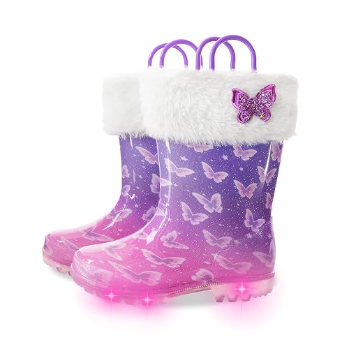 Toddler Rain Boots Kids Waterproof Boot with Removable Fleece Lined | Warm Lining, Pull-On Handles, Traction Outsole, Cartoon Printed Patterns, Glitter, Light Up, Boys Gilrs Winter Snow Boots - 10 Toddler - Butterflies With Socks