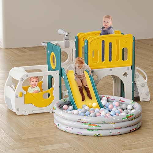 Miniatura 4 de Juego de tobogán para niños pequeños, para bebés, con temática de autobús, parque infantil con aro de baloncesto escalador para interiores y