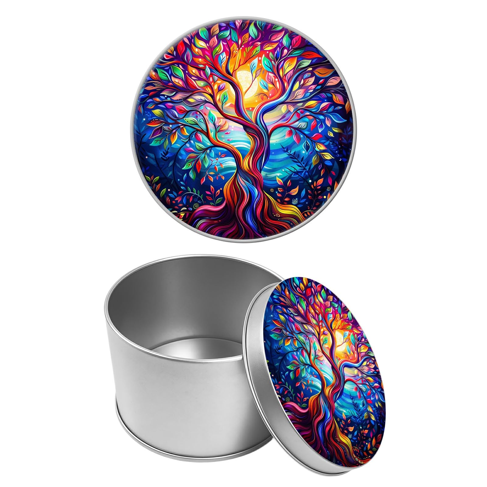 Round Metal Tin Container with Removable Lid, Art Color Tree Durable Metal Storage Box for Cookies Spices Tea Candies Cakes Jewelry Cosmetics 3.54 x 2.36 inch– Single Pack