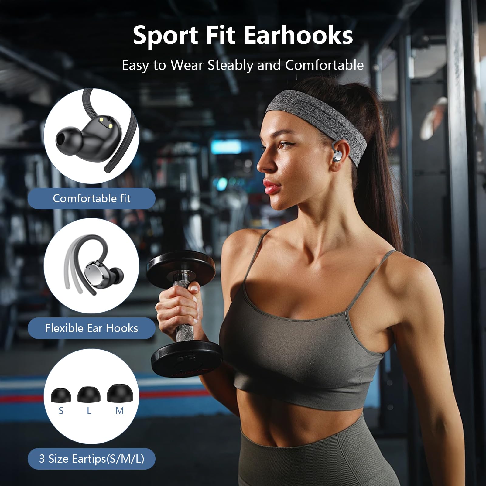 Écouteurs sans fil, écouteurs de sport Bluetooth 5.4 128H avec crochets d'oreille, double écran LED, 4 ENC antibruit, écouteurs sans fil, écouteurs étanches IP7 pour sport/gym/course à pied