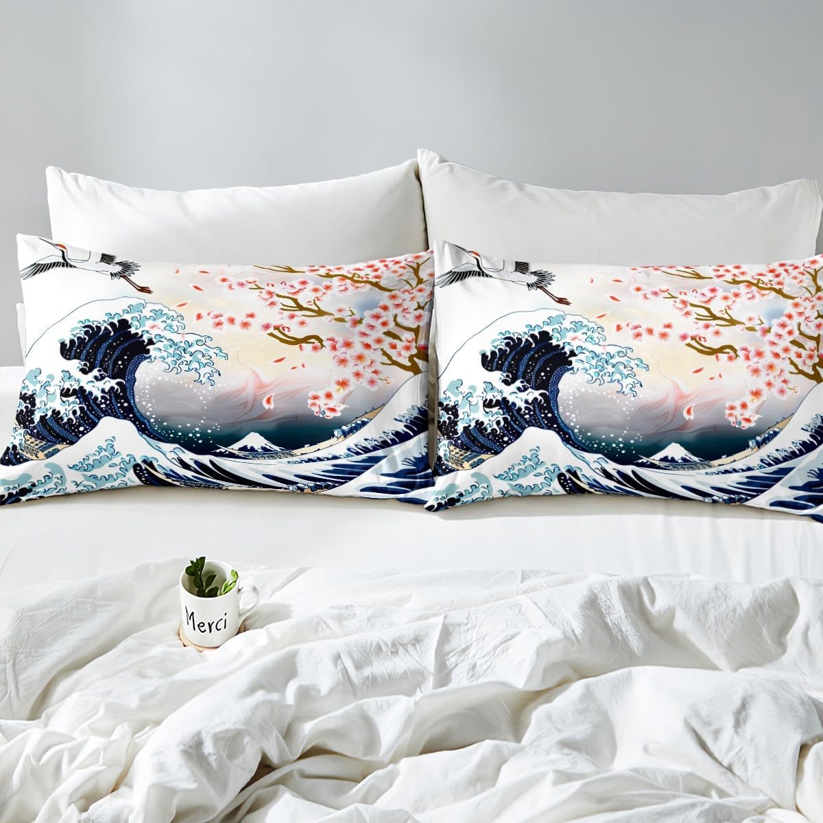 Feelyou Cherry Blossoms Bedding Set Chic Crane Duvet Cover for Kids Girls Women Ocean Wave Decor Comforter Cover Pink Japanese Ukiyoe Theme Bedspread Cover with 2 Pillowcases 3Pcs Bedding Full