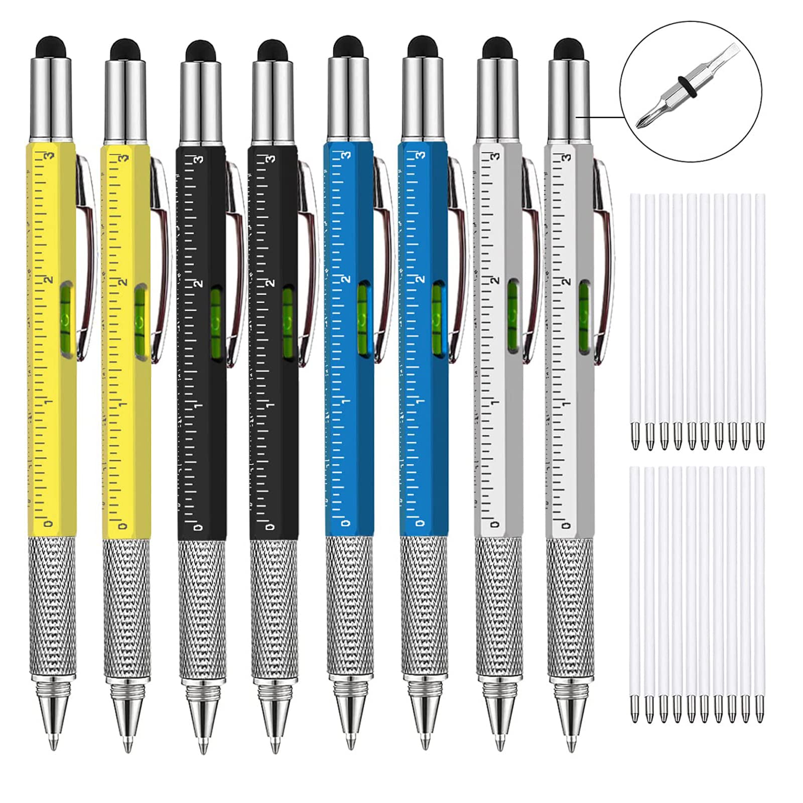 Pepisky 8Pcs 6 in 1 Multitool Pens Gifts for Men Cool Tech Tool Pen Gadgets Screwdriver with Ruler Level Stylus Ballpoint Unique Men (Black Yellow Silver Blue)