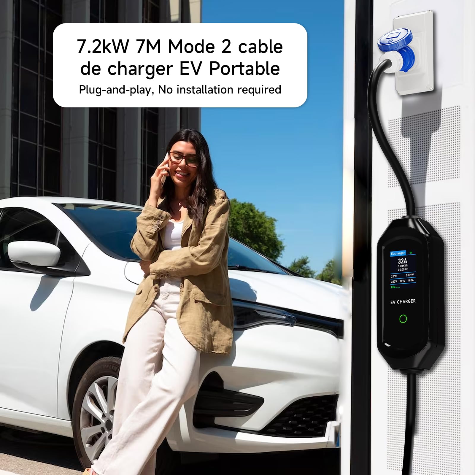 Mobile Wallbox 7.2kW Typ 2 Ladekabel, 7M Ladekabel Elektroauto | Typ 2 6/8/10/13/16/20/24/32A Einstellbare Strom, Ladegerät Schuko Elektroauto Schuko, EV Ladegerät mit APP, IEC 62196-2