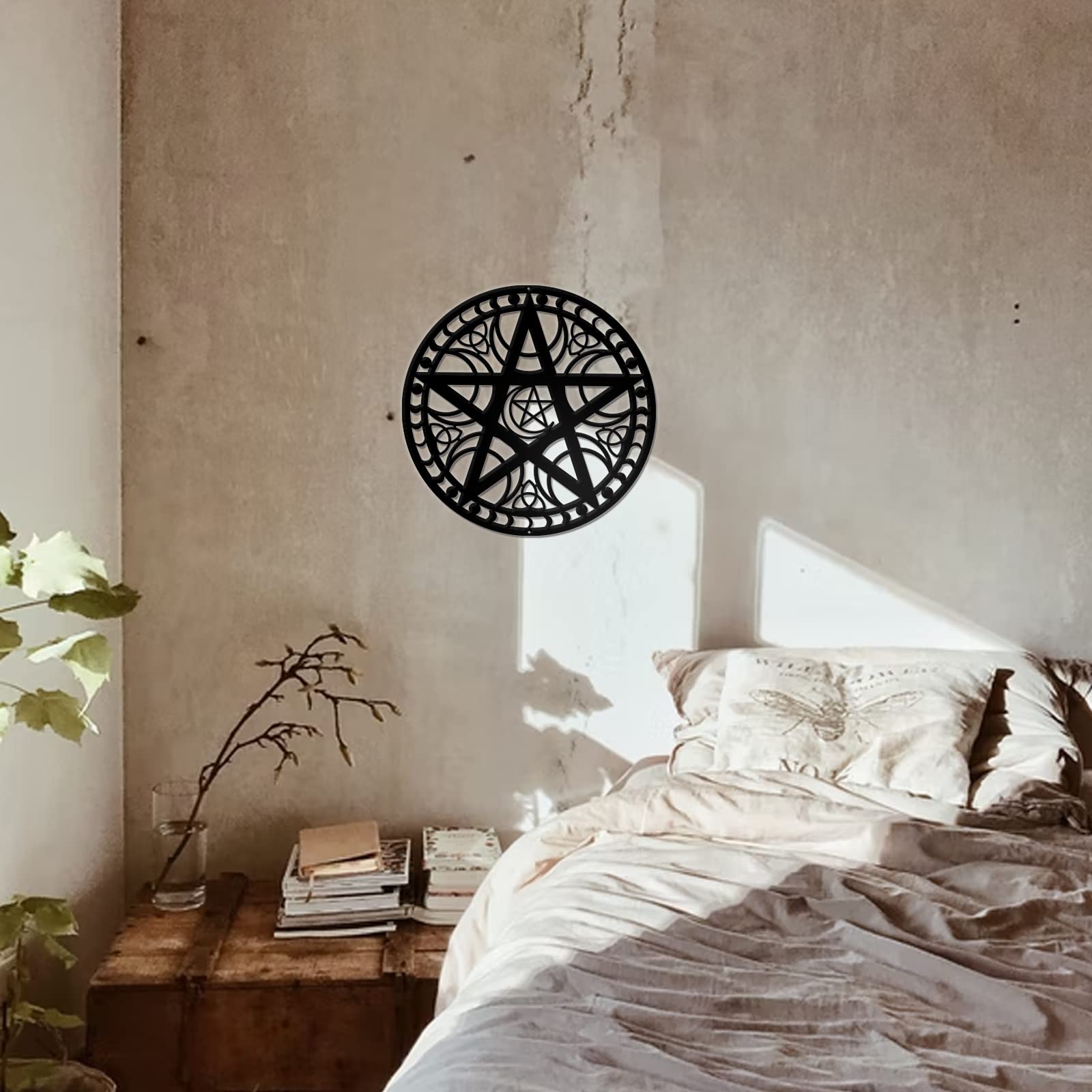Arte de pared de triple luna, 11.8 pulgadas, decoración de pared de metal negro para colgar en la pared, silueta de pentagrama, decoración wicca para dormitorio, sala de estar, oficina, cocina, 7