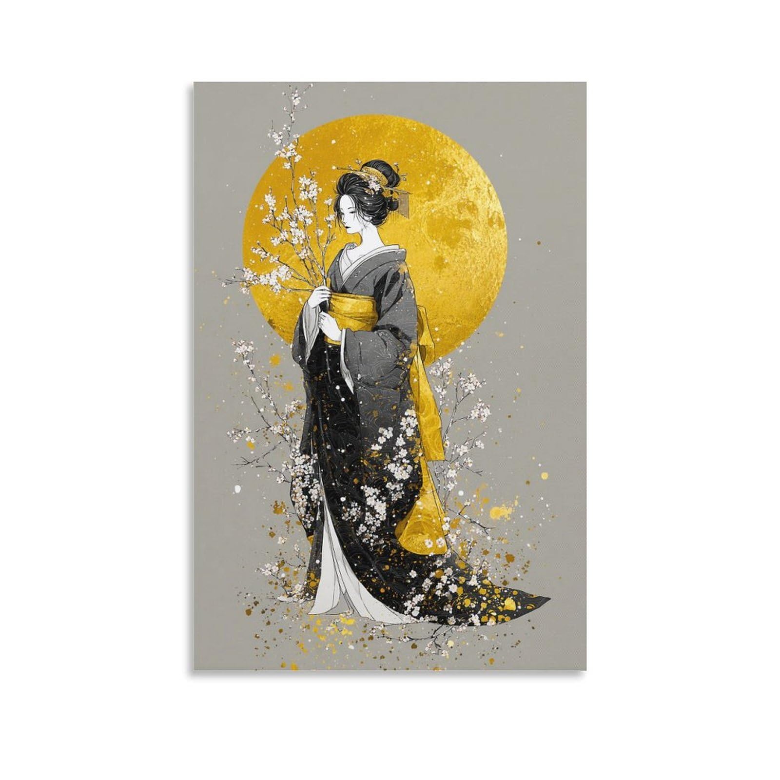 Riavbaodg Unframe-Style-4 Japanese Geisha In The Moonlight Poster Artwork Geisha Giclee Canvas Prints Modern Canvas Wall Art Picture Wall Hanging For Office Gym Living Room Decor 20X30inch(50X75cm)