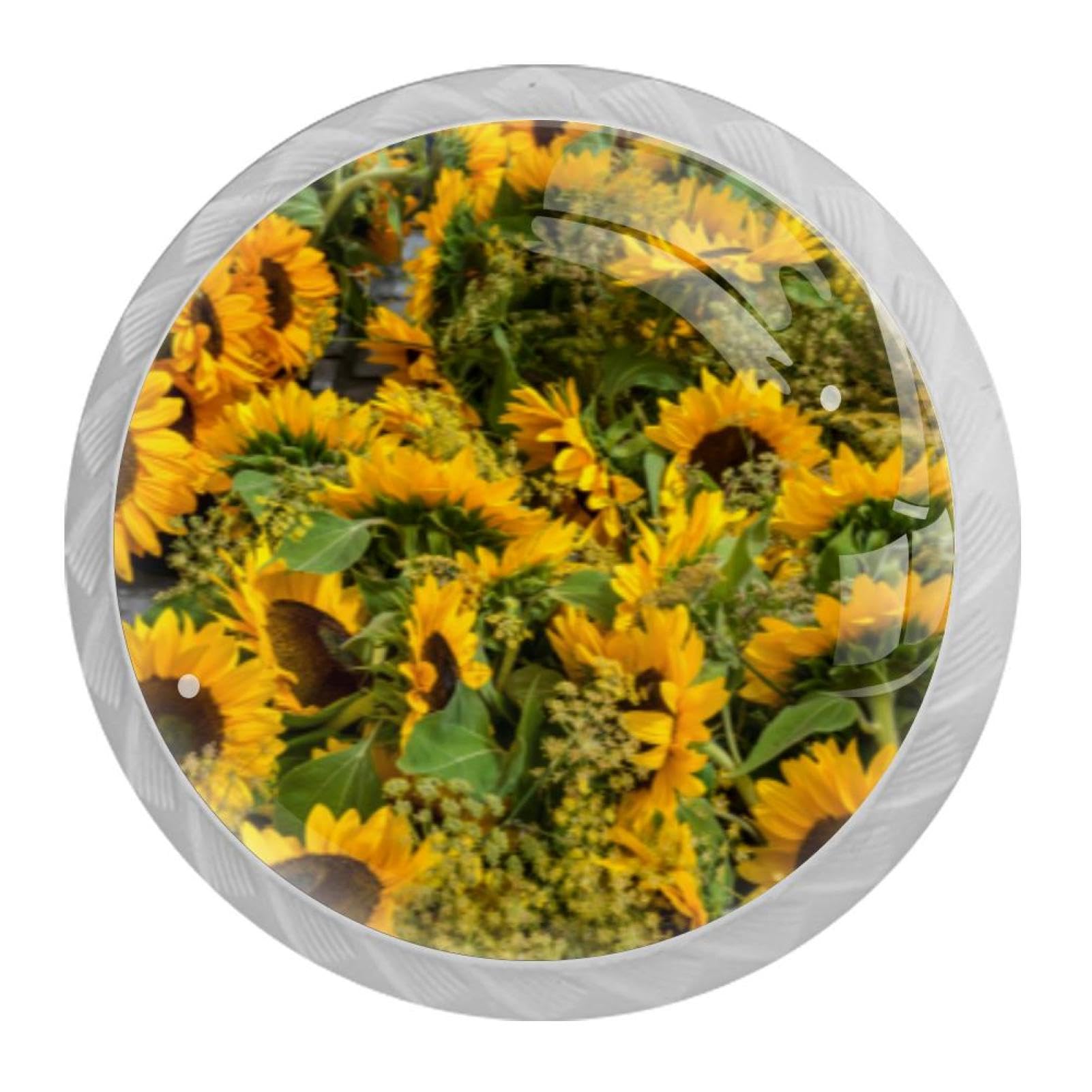 Tqmspg 4 Pieces Drawer Pulls Sunflowers Field Door Knobs Dresser Handles for Kitchen Wardrobe Cupboard Hardware Furniture