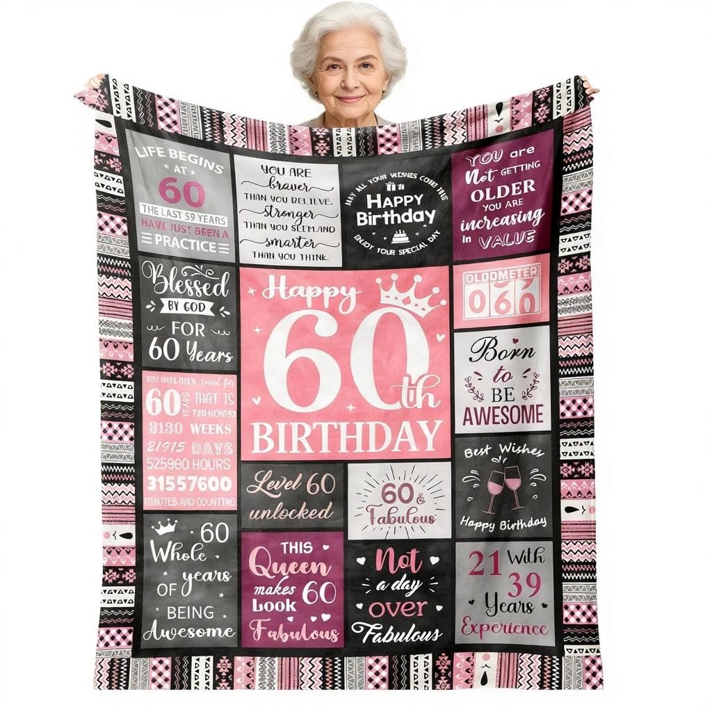 60th Birthday Gifts for Women, 60th Birthday Gifts Blanket 150x130cm, 60 Year Old Present for Her, Happy 60th Birthday Gift for Ladies, Friend, Mum, Sister, Grandma, Wife