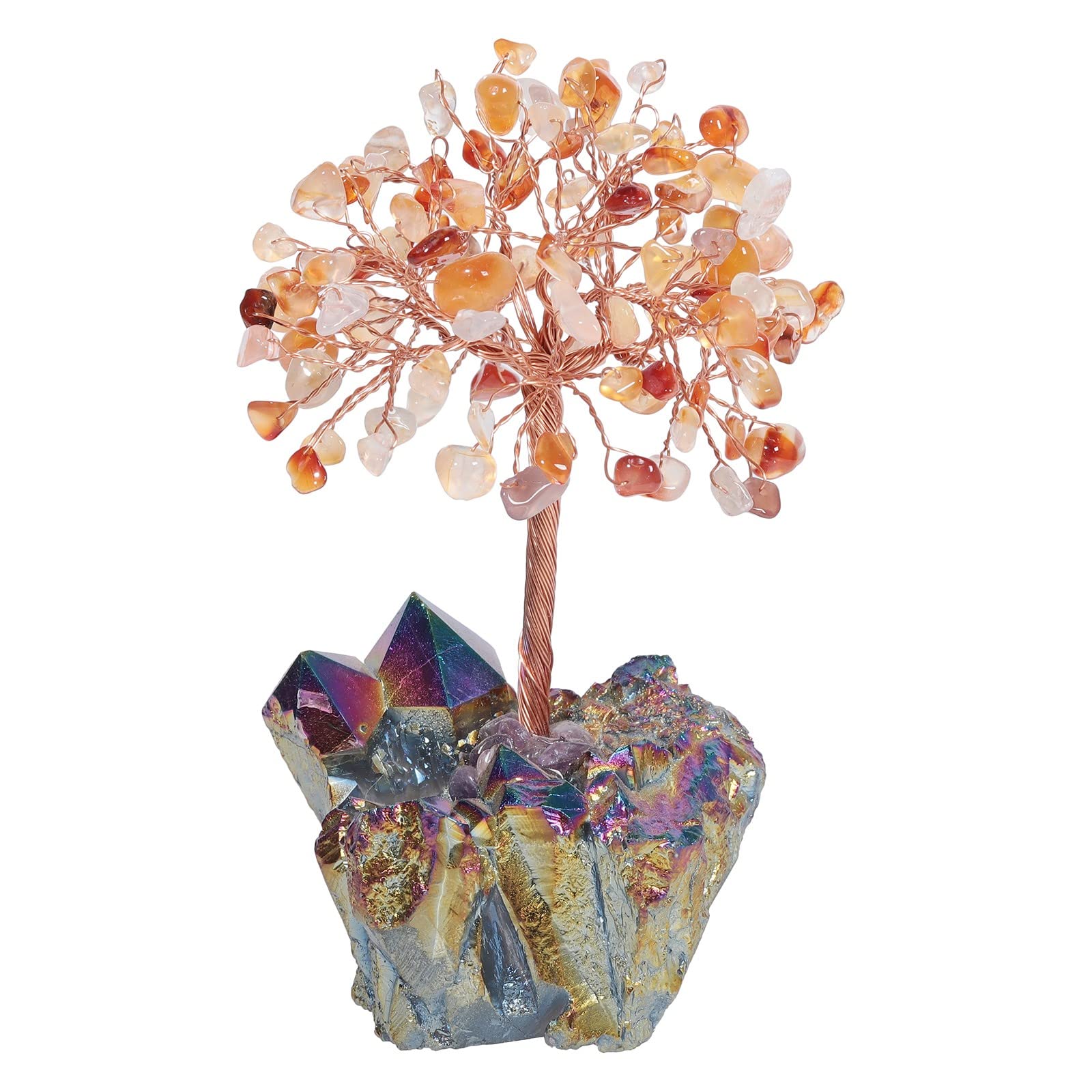 Healing Crystal Tree with Rainbow Titanium Coated Rock Quartz Cluster Base Lucky Money Bonsai Feng Shui Tree, Carnelian