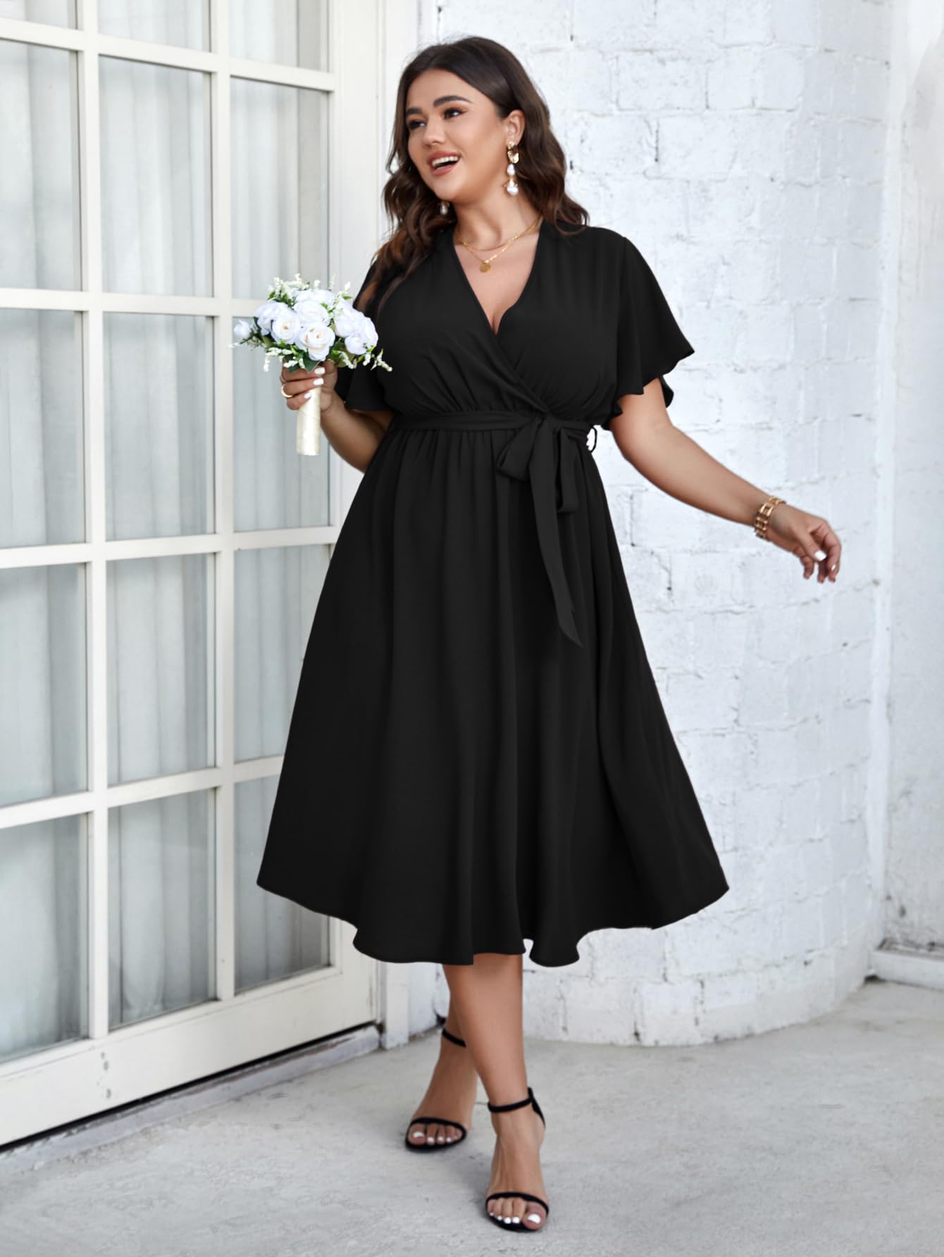 Condition photo showing As Is for womens plus size summer short sleeve wrap v neck belted ruffle a-line flowy wedding guest cocktail midi dress