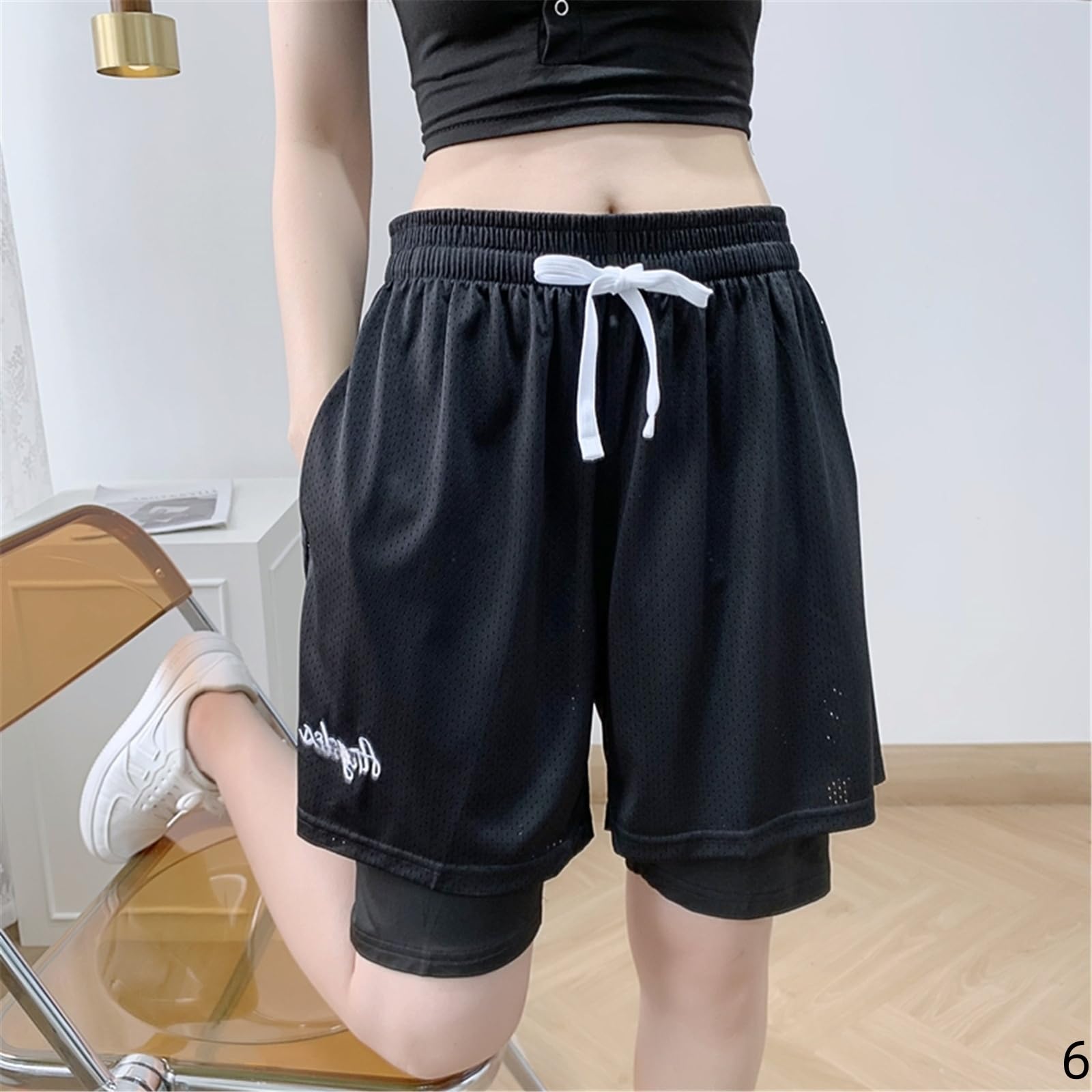 Short Femme Shorts De Basket-Ball pour Femmes Fake Two-thyse Student Sports Training avec Une Doublure du Féminin Sportif À Cinq Points-Vert-m
