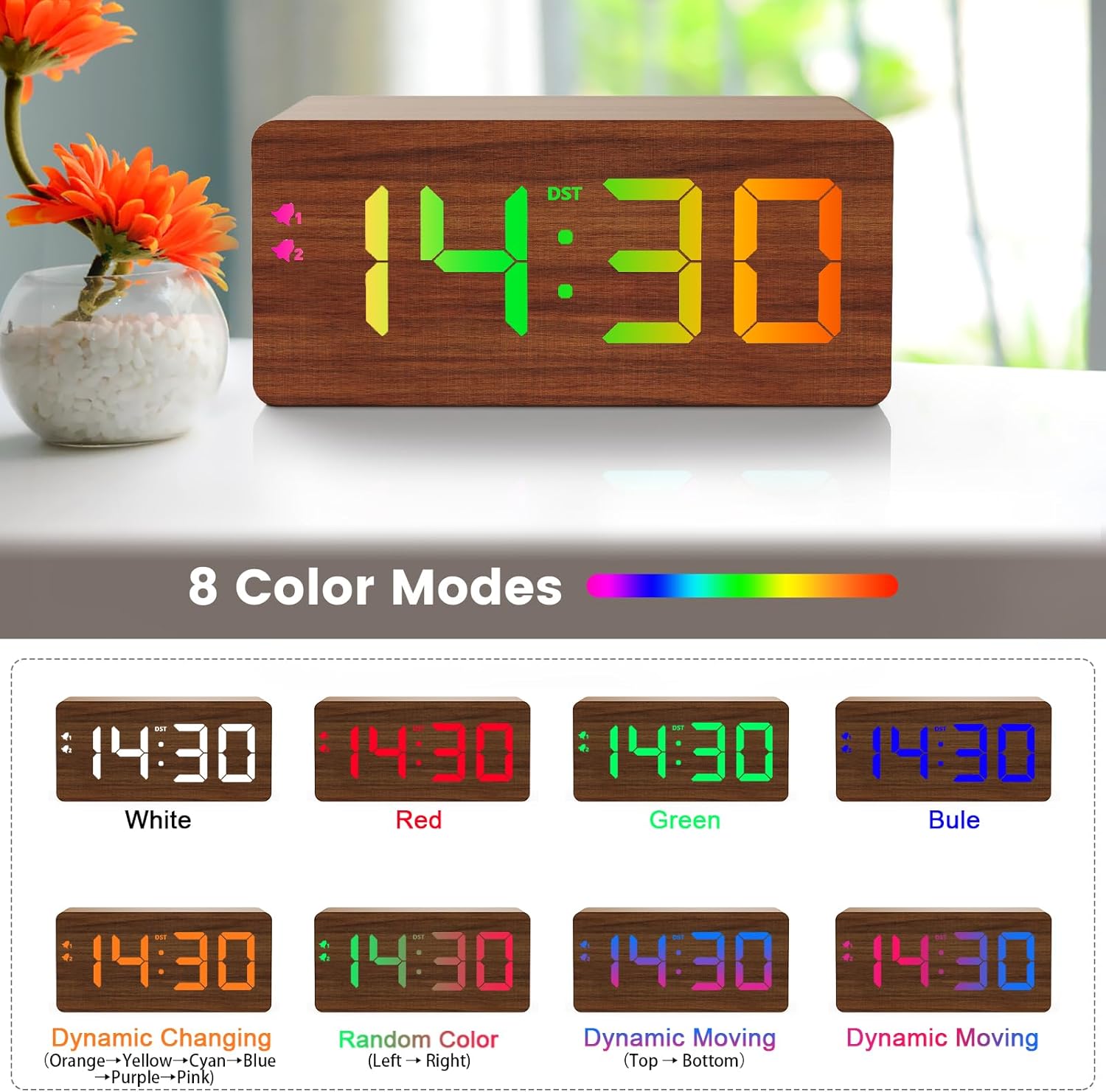 wooden digital alarm clock with fast wireless charger, dual usb charging ports, dst, dimmable, snooze, rgb large number display led clock for bedrooms, living room, desk, table, bedside(brown) brown-rgb