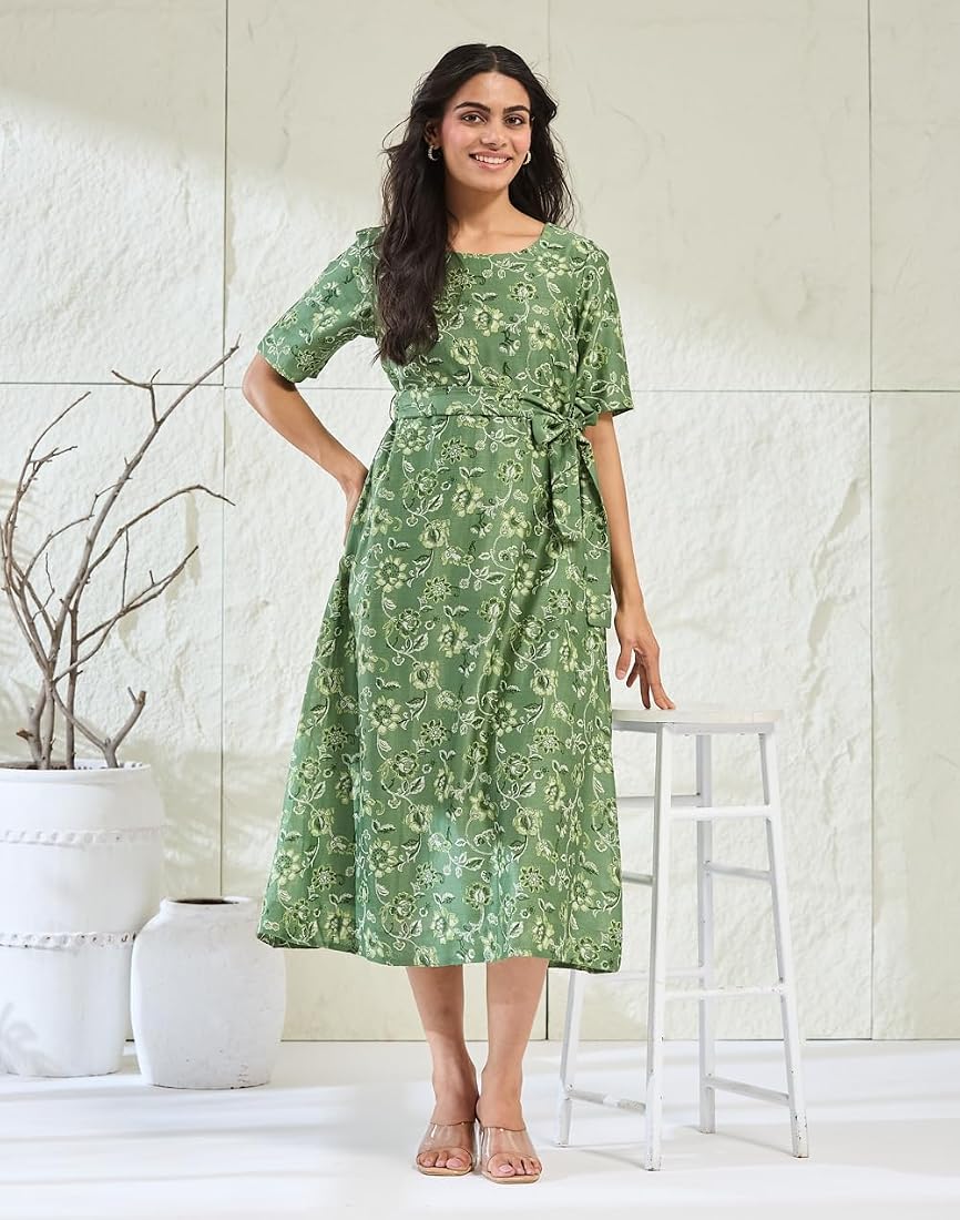 Buy Fabindia Green Cotton Silk Hand Block Printed Midi Dress at