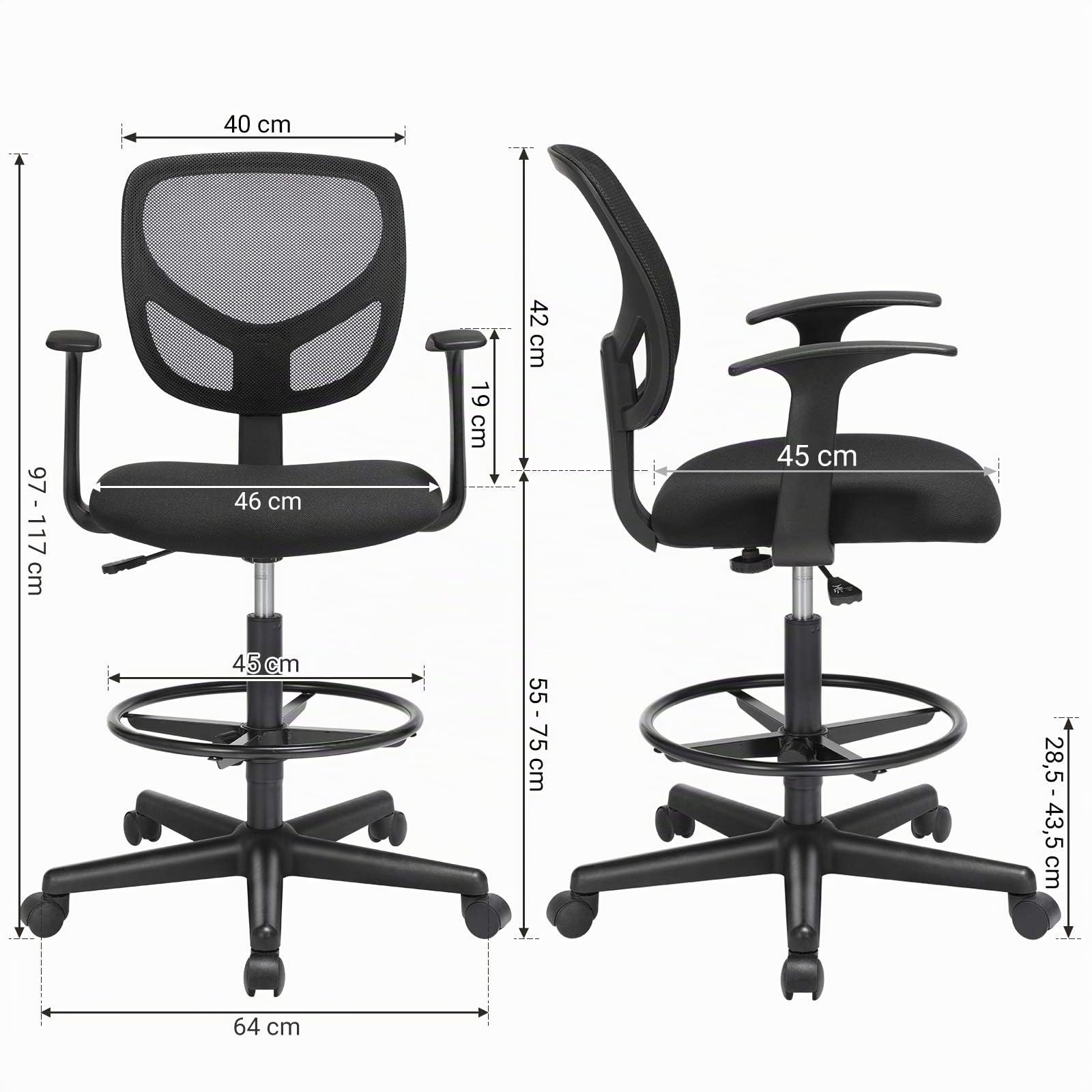 SONGMICS Fauteuil de Bureau, Chaise en Toile, Siège Ergonomique, Tabouret, avec Repose-Pieds Réglable en Hauteur, Pivotant sur 360°, pour Bureau Debout, Noir OBN25BK