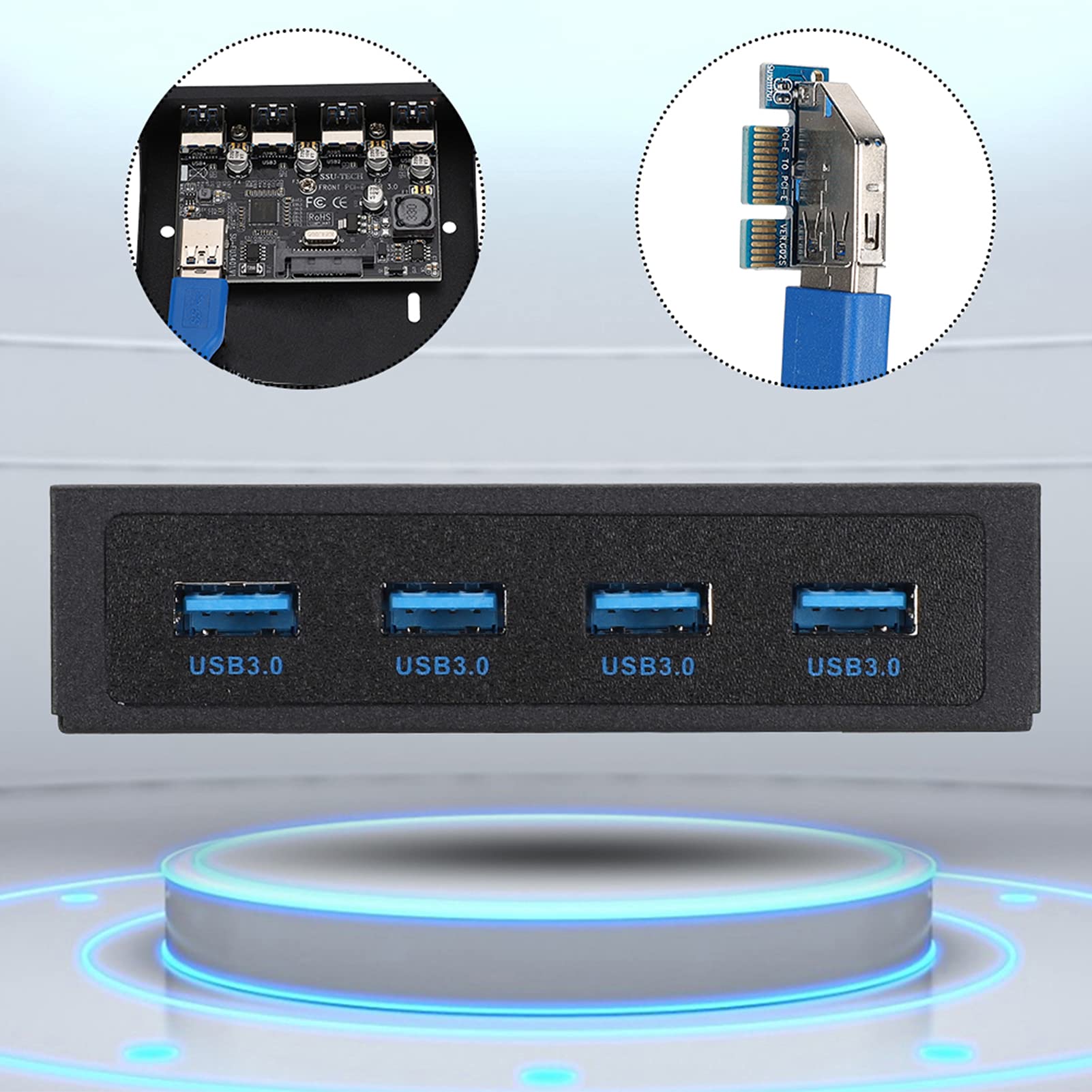 Panel Frontal USB PCI-E a 4xUSB3.0 para Chip Tarjeta de extensión Frontal Adaptador de bahía Flexible Tarjeta Vertical de expansión con Interfaz de alimentación SATA Negro