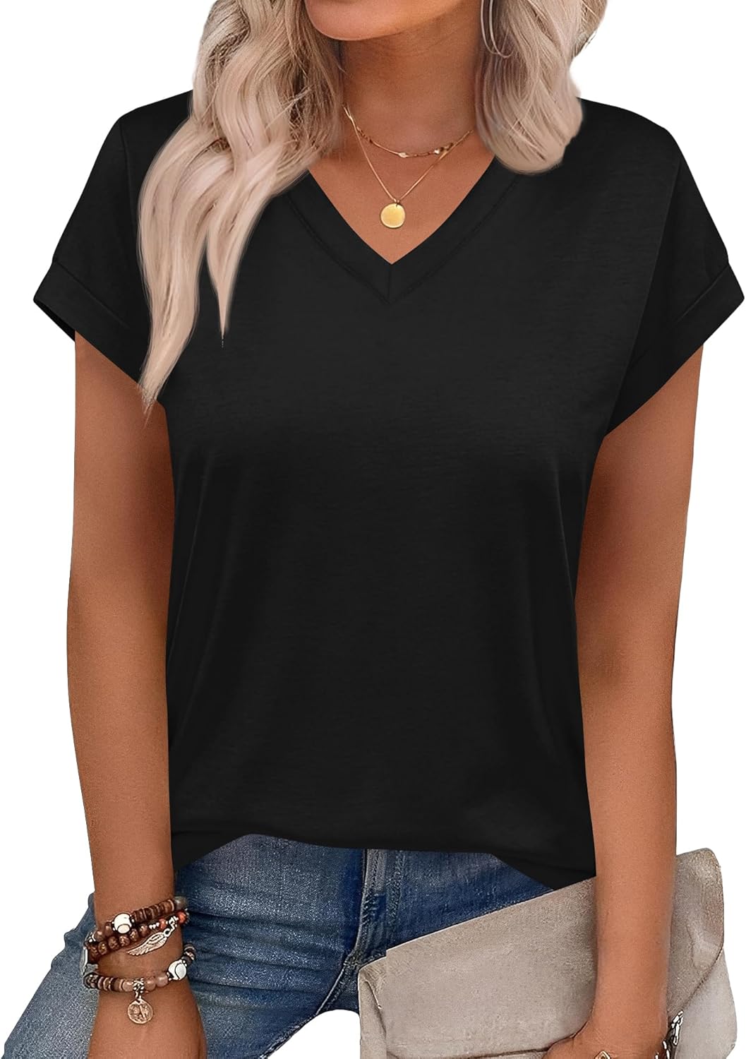 Rapbin Womens Summer Tops Women Blouses Dressy Casual V Neck T Shirts Short Sleeve Spring Tops for Women - Image 2