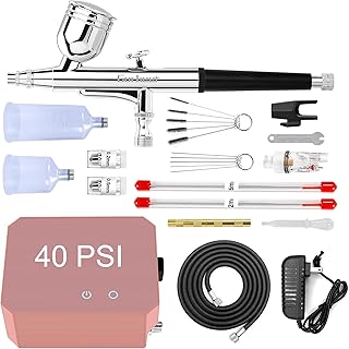 Gocheer Airbrush Kit with Air Compressor, 40 48 PSI High Pressure Air Brush Non-Clogging with 0.2/0.3/0.5mm Nozzle/Cleaning Sets, Ideal for Painting, Modeling, Cake Decor, Makeup (Pink, 40 PSI)