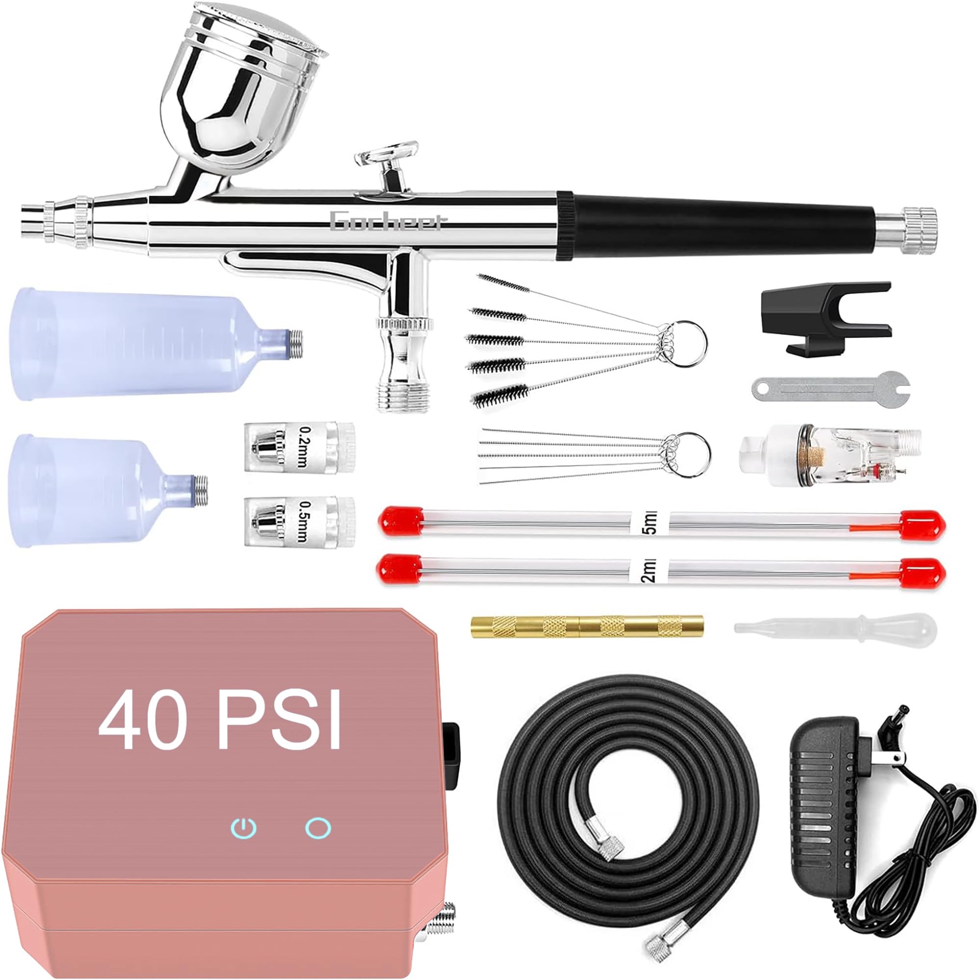 Gocheer Kit de aerógrafo con compresor de aire, cepillo de aire de alta presión de 40 PSI que no se obstruye con boquilla de 0,2/0,3/0,5 mm, juegos de limpieza, ideal para pintar, modelar, decoración